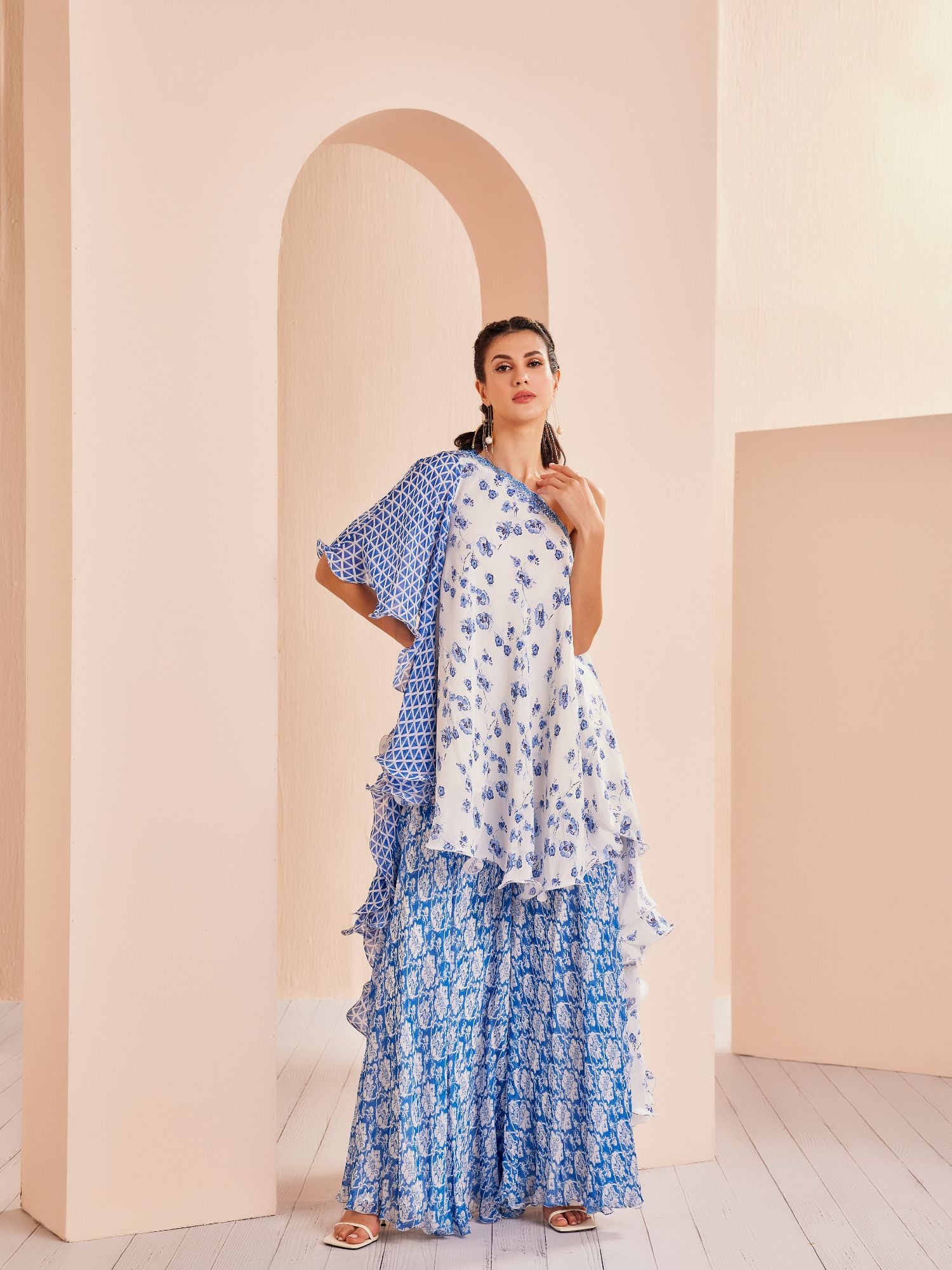 Blue printed one shoulder stylized chiffon top with sharara