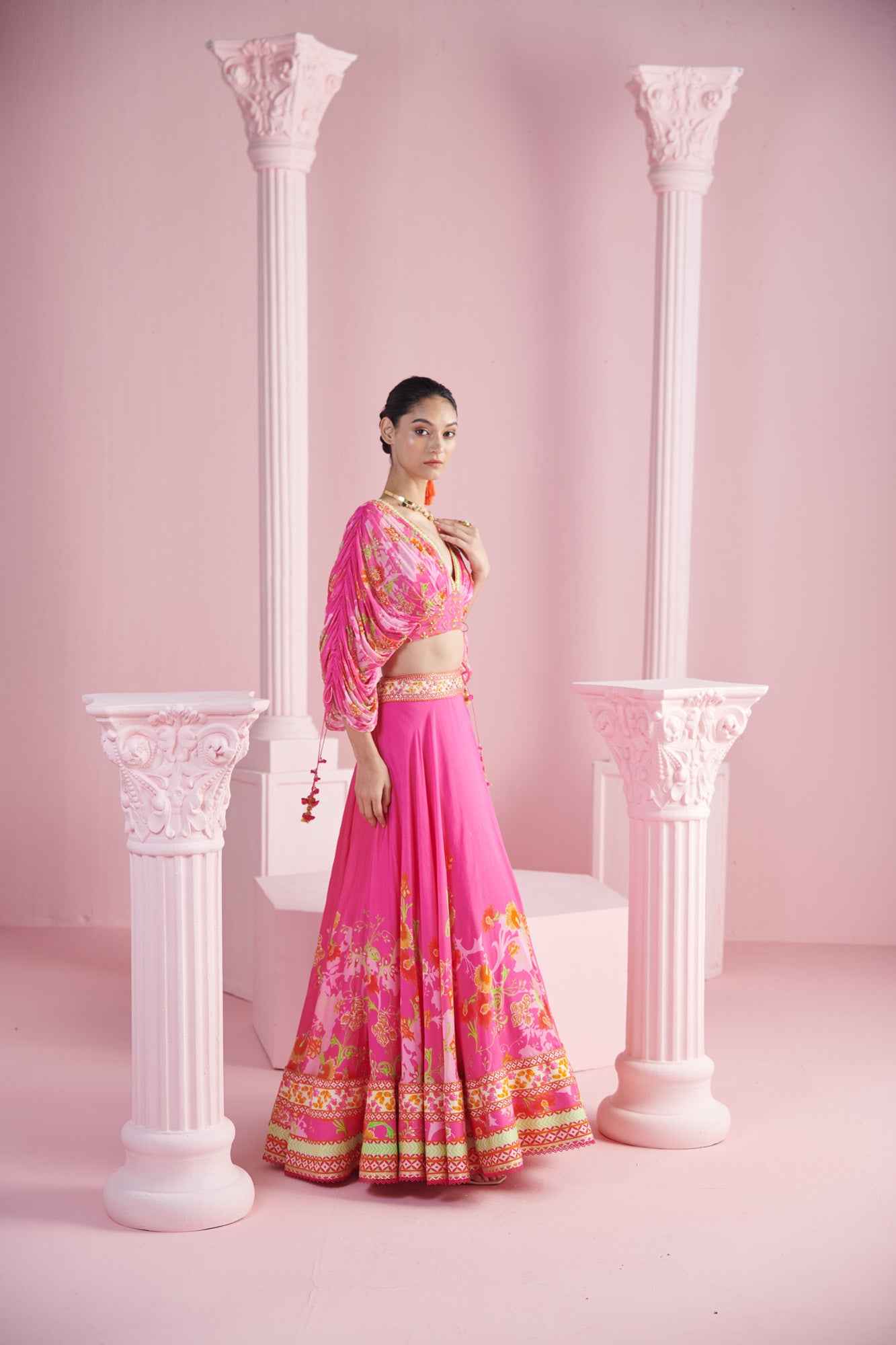 Pink Blossom Cluster Lehenga with Draped Blouse and Embroidered Belt Dupatta