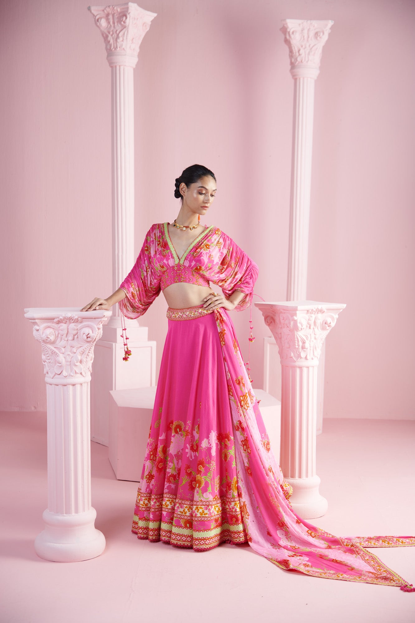 Pink Blossom Cluster Lehenga with Draped Blouse and Embroidered Belt Dupatta