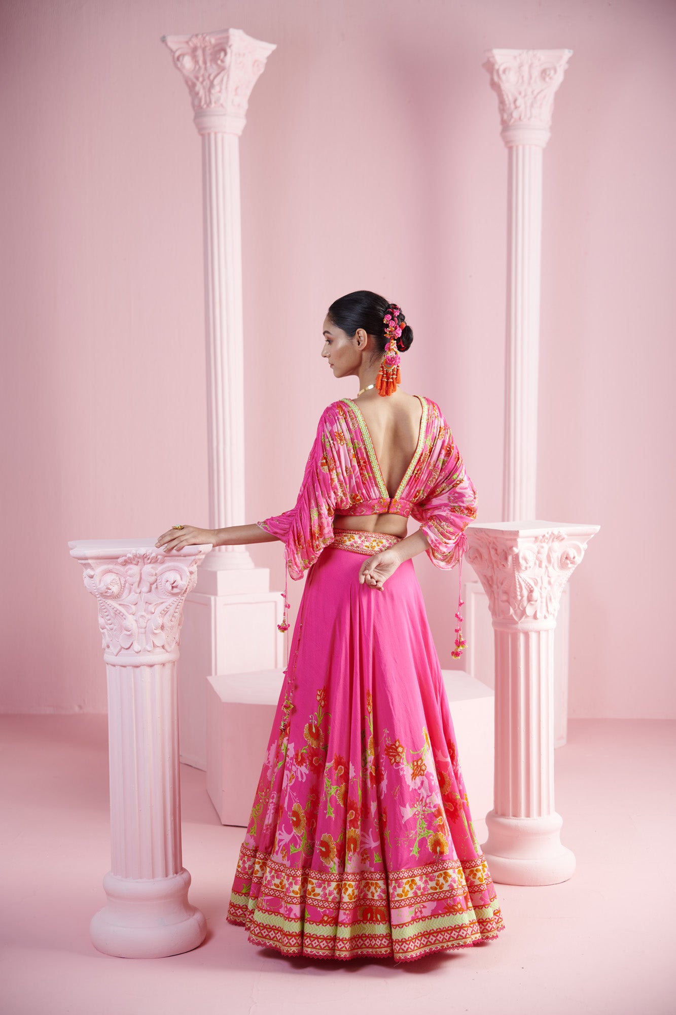 Pink Blossom Cluster Lehenga with Draped Blouse and Embroidered Belt Dupatta