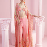 Pink Floral Blossom Flared Pants and Shrug Set