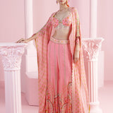 Pink Floral Blossom Flared Pants and Shrug Set