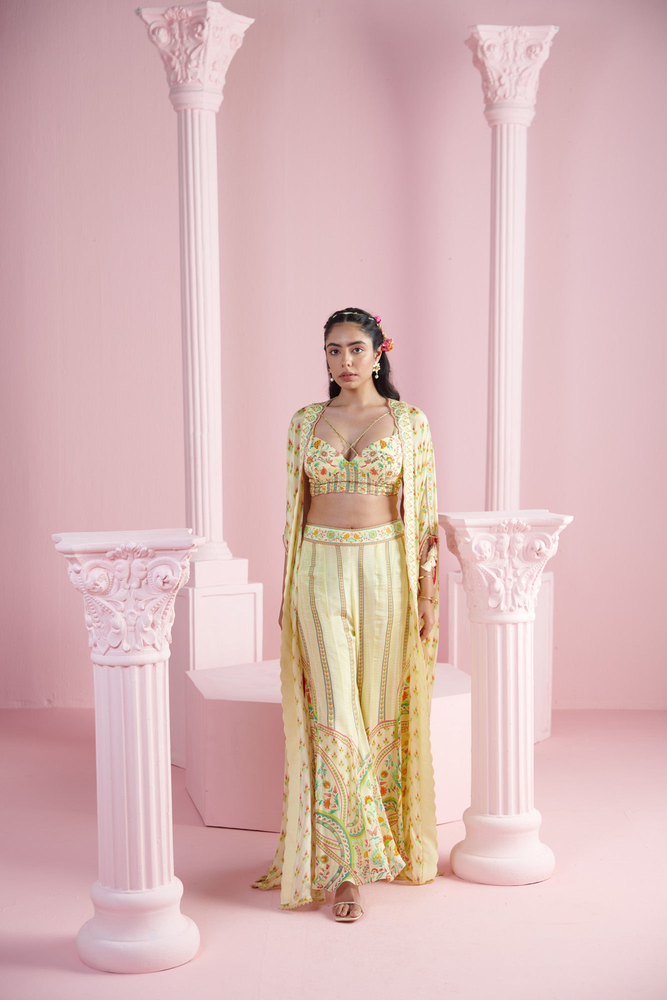 Lemon Delight Co-Ord Set with Printed Bralette, Flare Pants, and Shrug