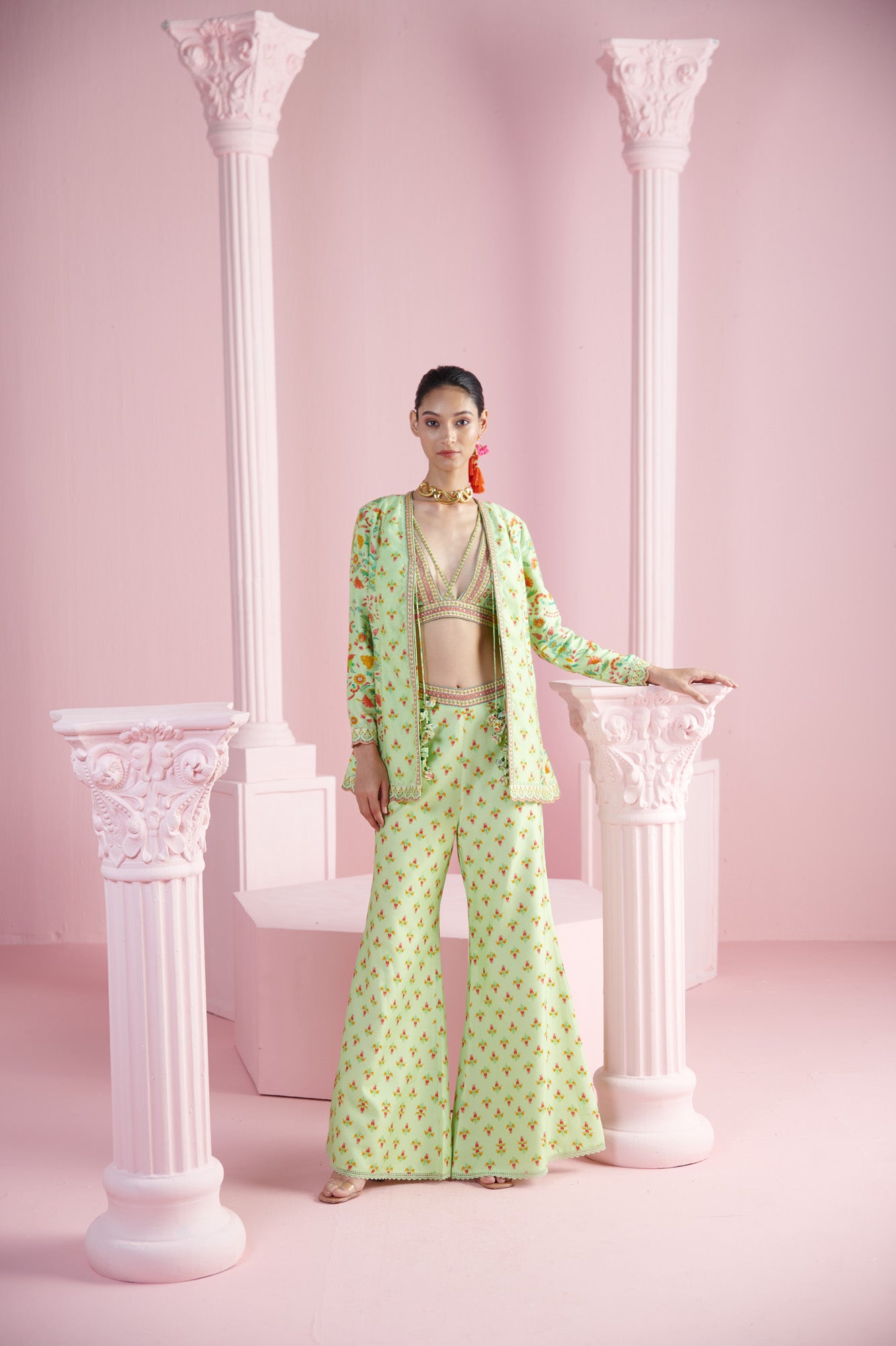 Pistachio Breeze Printed Co-Ord Set with Bralette and Tassel-Trimmed Coat