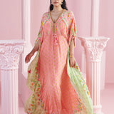 Peach V-Neck Kaftan with Lemon Border and Tassels
