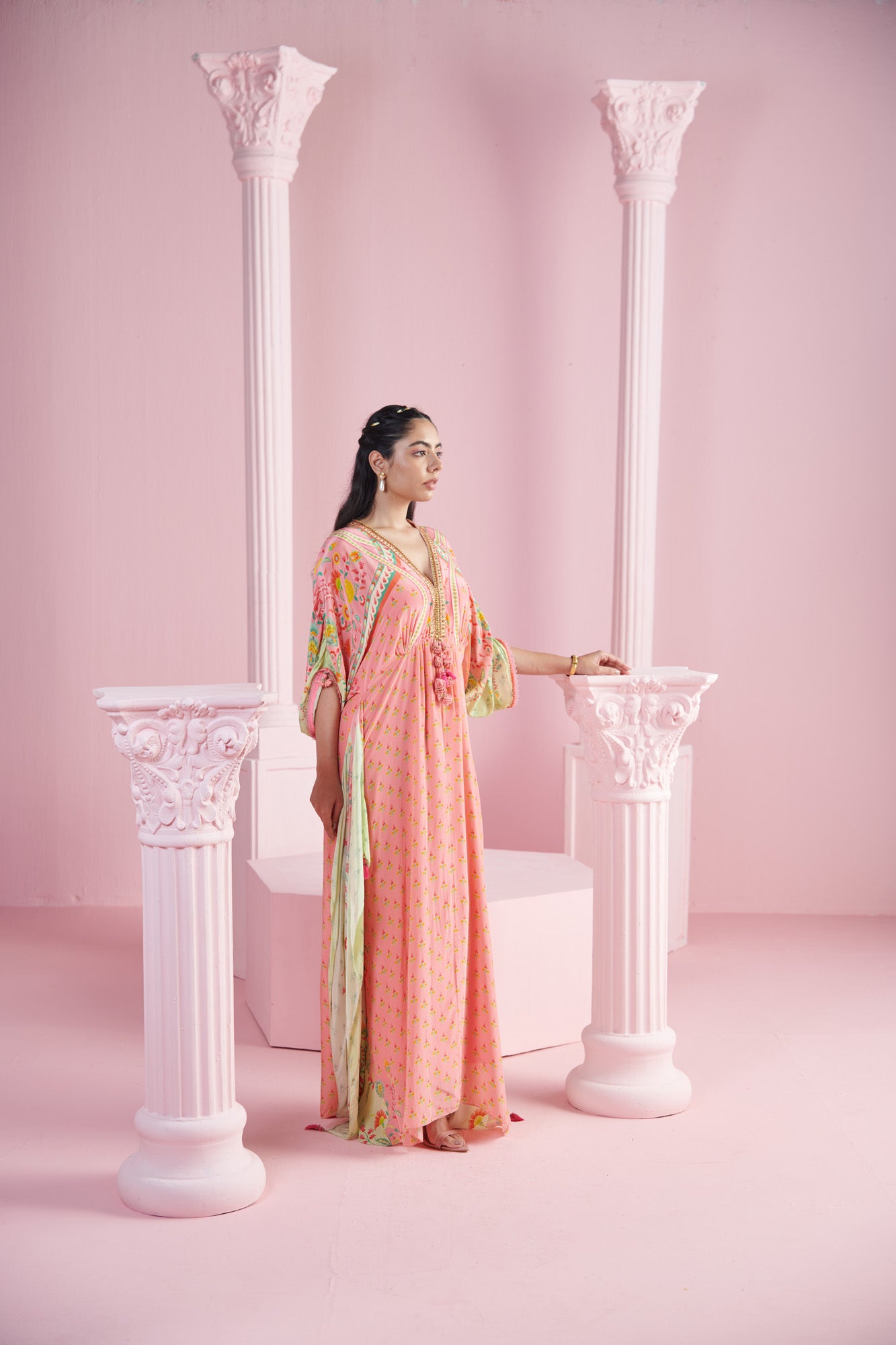 Peach V-Neck Kaftan with Lemon Border and Tassels