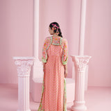 Peach V-Neck Kaftan with Lemon Border and Tassels
