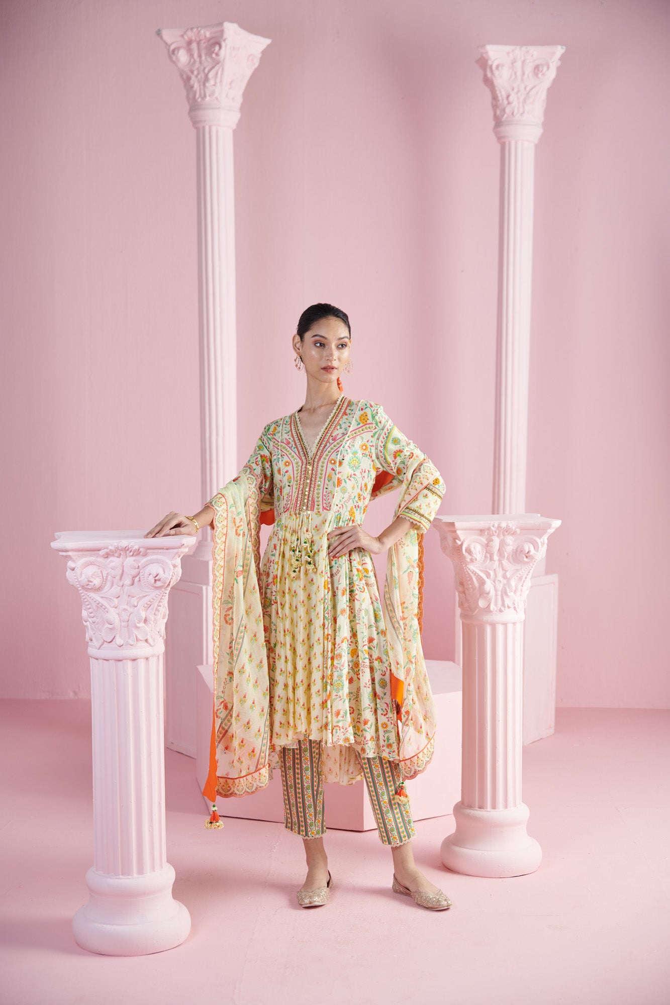 Lemon blossom cluster Kurta with Dhoti Pants and Printed Dupatta