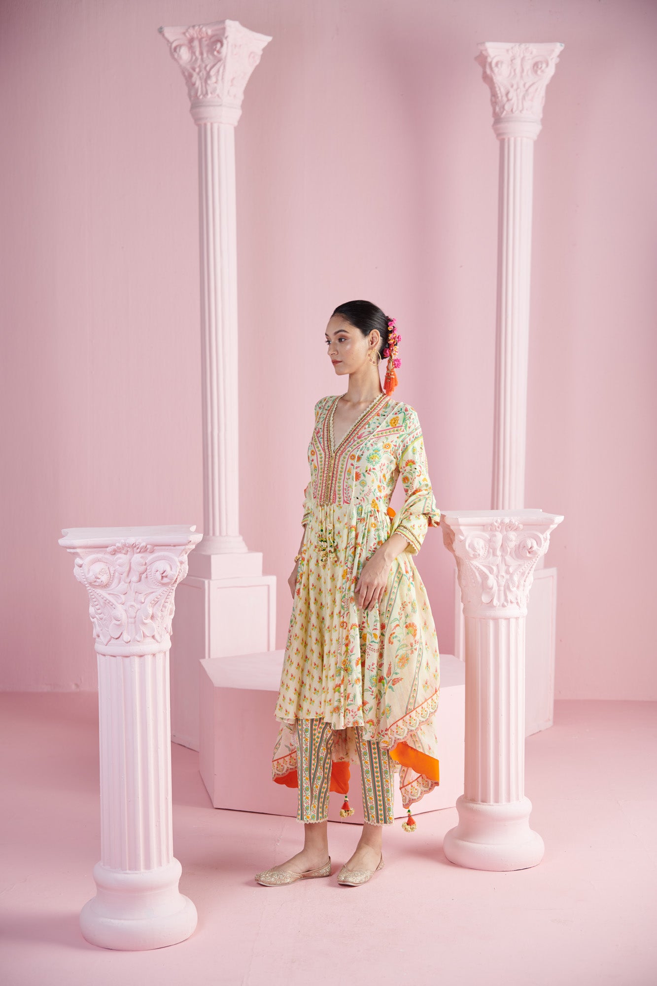 Lemon blossom cluster Kurta with Dhoti Pants and Printed Dupatta