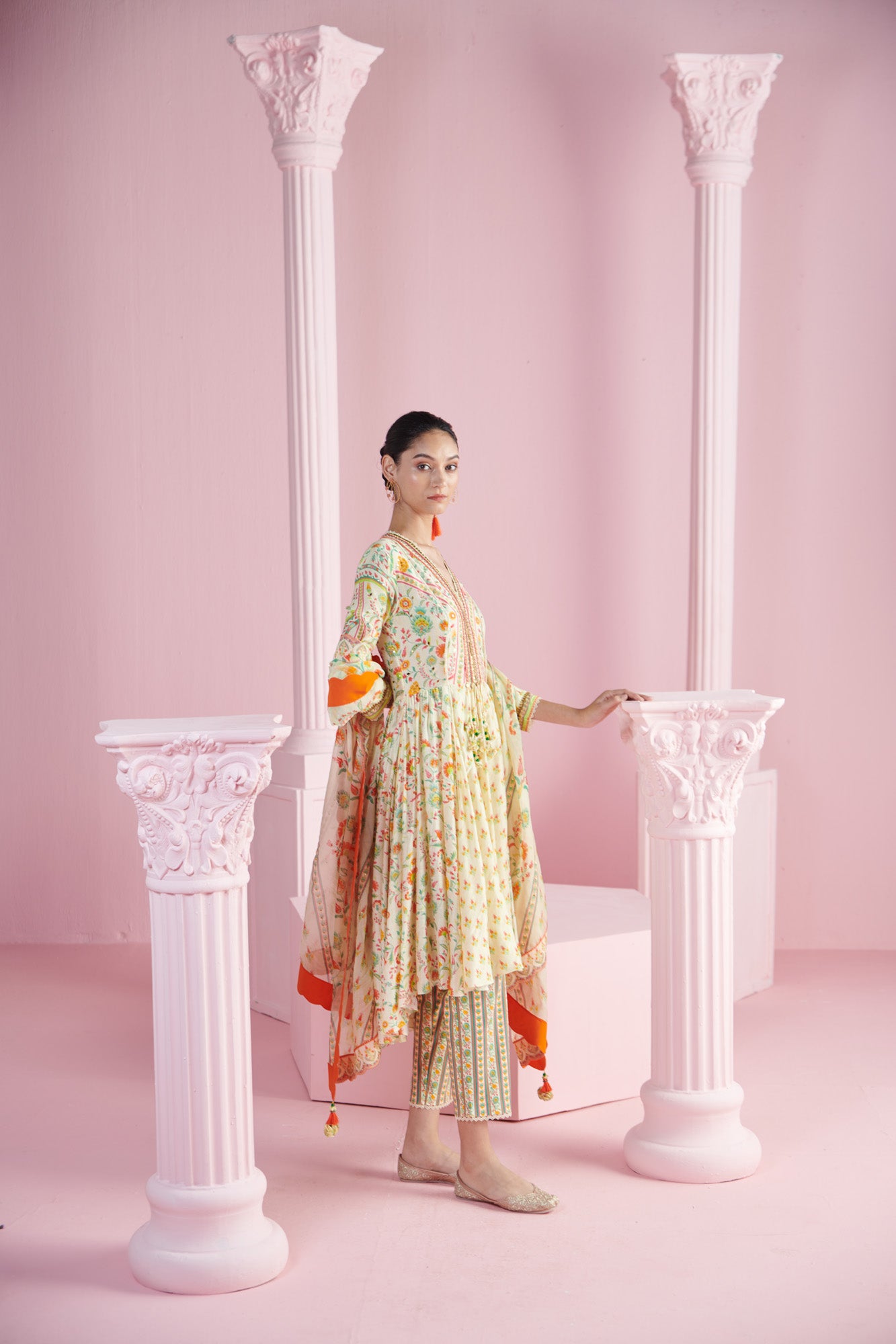 Lemon blossom cluster Kurta with Dhoti Pants and Printed Dupatta