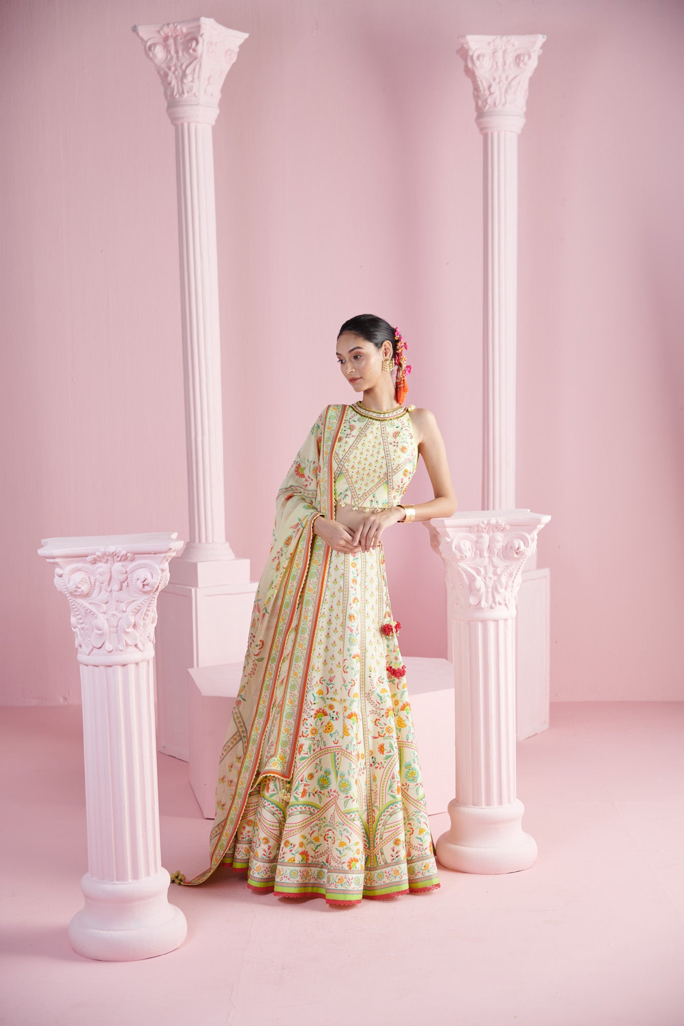 Lemon Blossom Top with Lehenga and Printed Dupatta