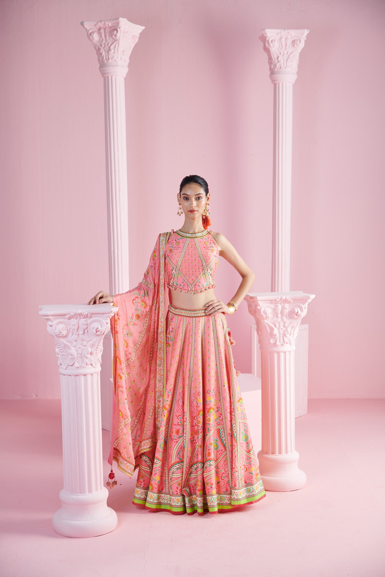 Pink Tassel Crop Top with Geometric Floral Lehenga and Dupatta