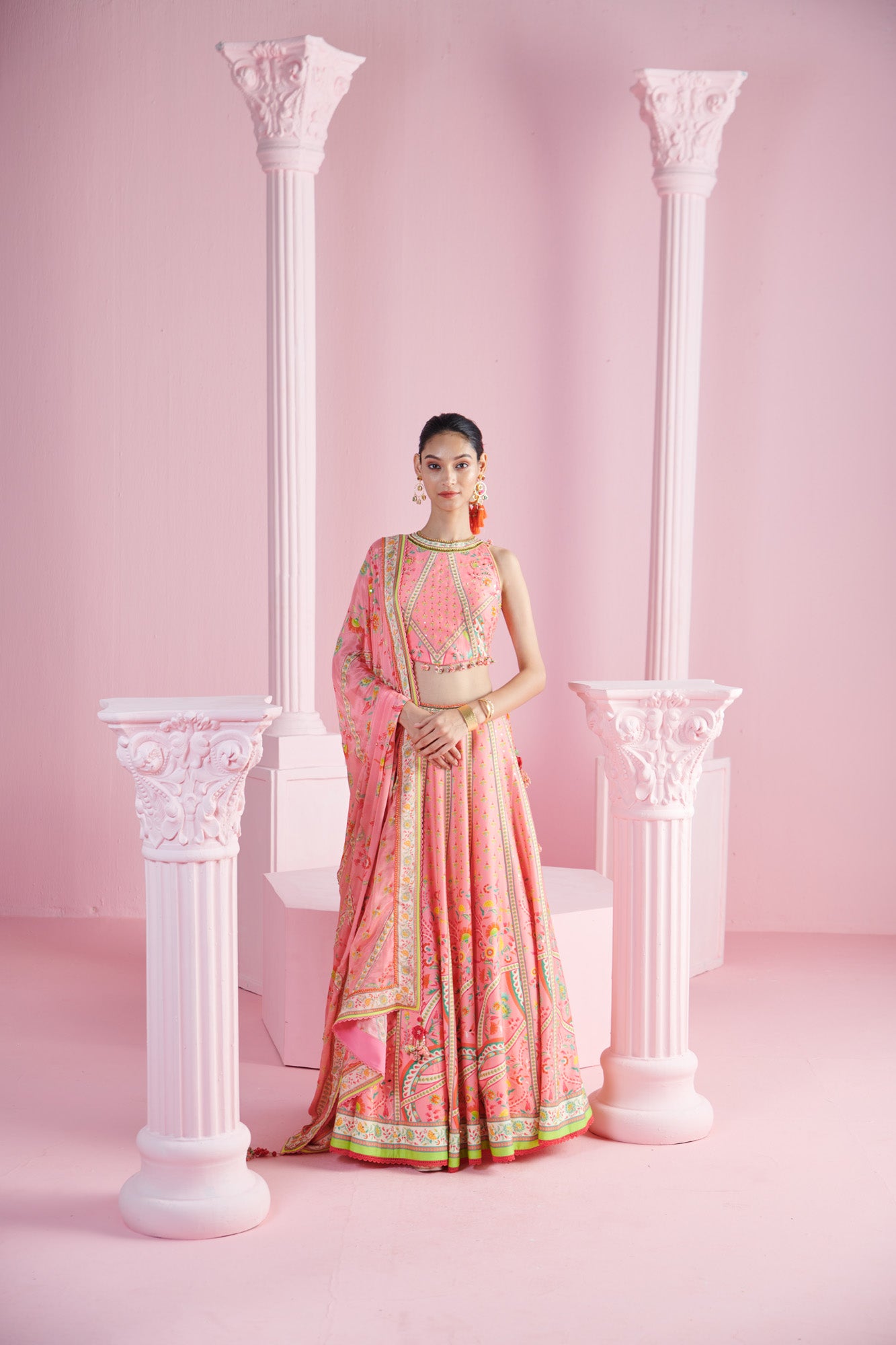 Pink Tassel Crop Top with Geometric Floral Lehenga and Dupatta