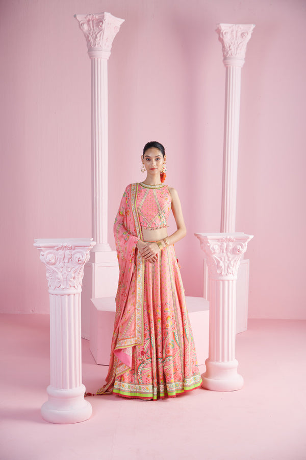Pink Tassel Geometric Floral Lehenga Set