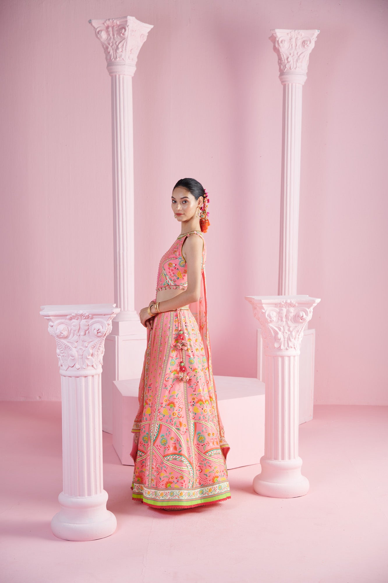 Pink Tassel Crop Top with Geometric Floral Lehenga and Dupatta