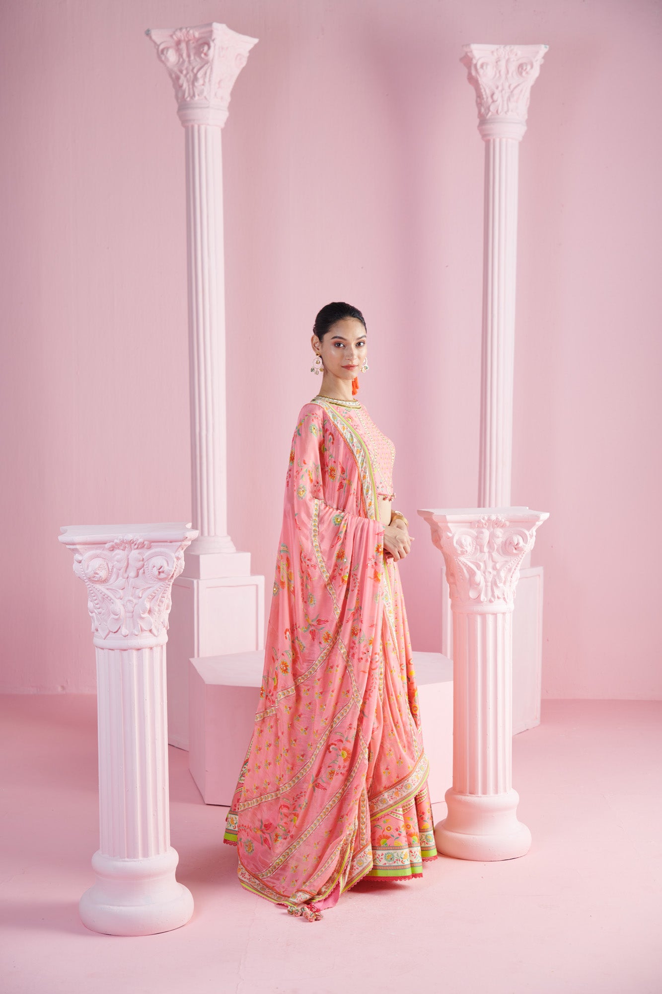 Pink Tassel Crop Top with Geometric Floral Lehenga and Dupatta