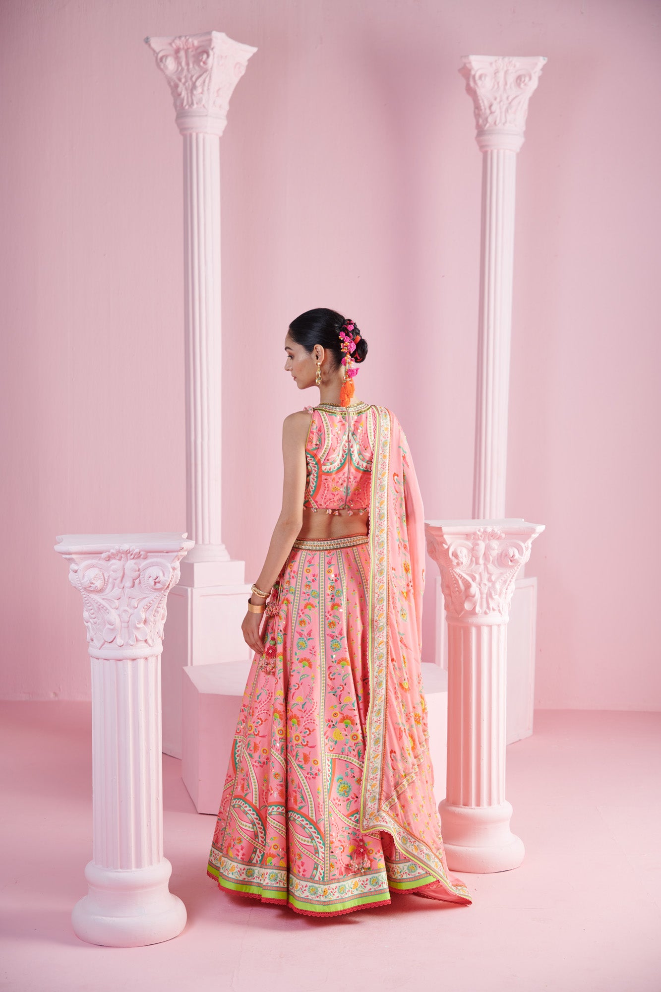 Pink Tassel Crop Top with Geometric Floral Lehenga and Dupatta