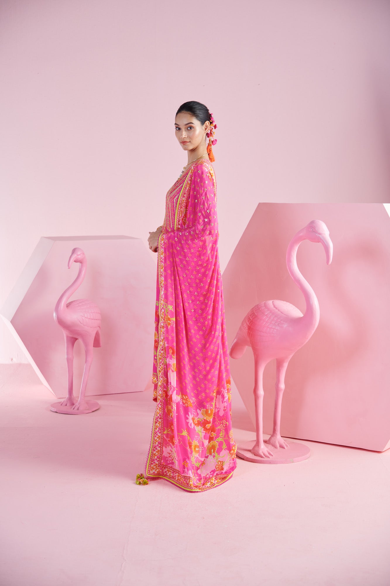 Pink Blossom Cluster Asymmetrical Kurta with Printed Pants and Dupatta