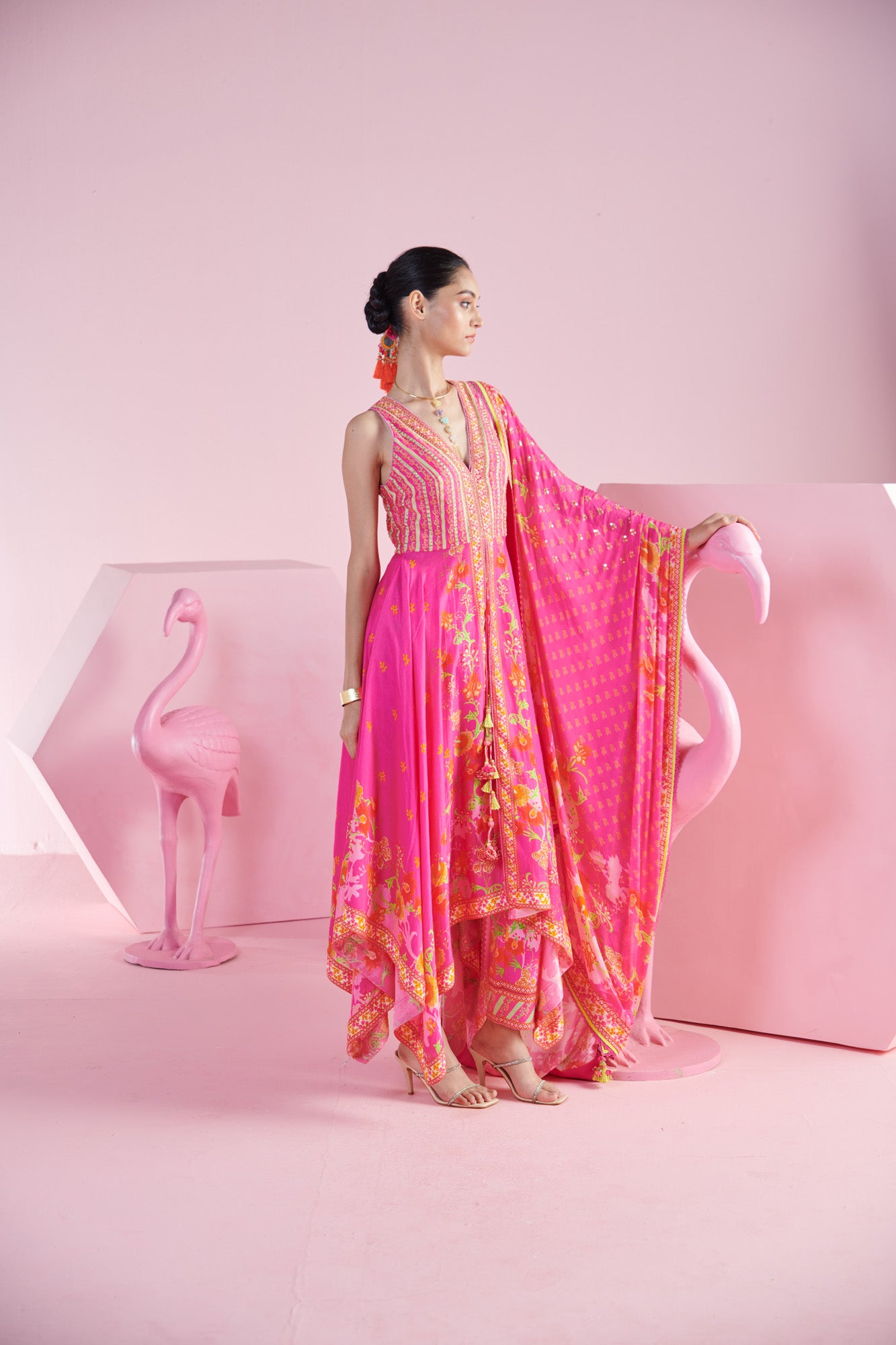 Pink Blossom Cluster Asymmetrical Kurta with Printed Pants and Dupatta