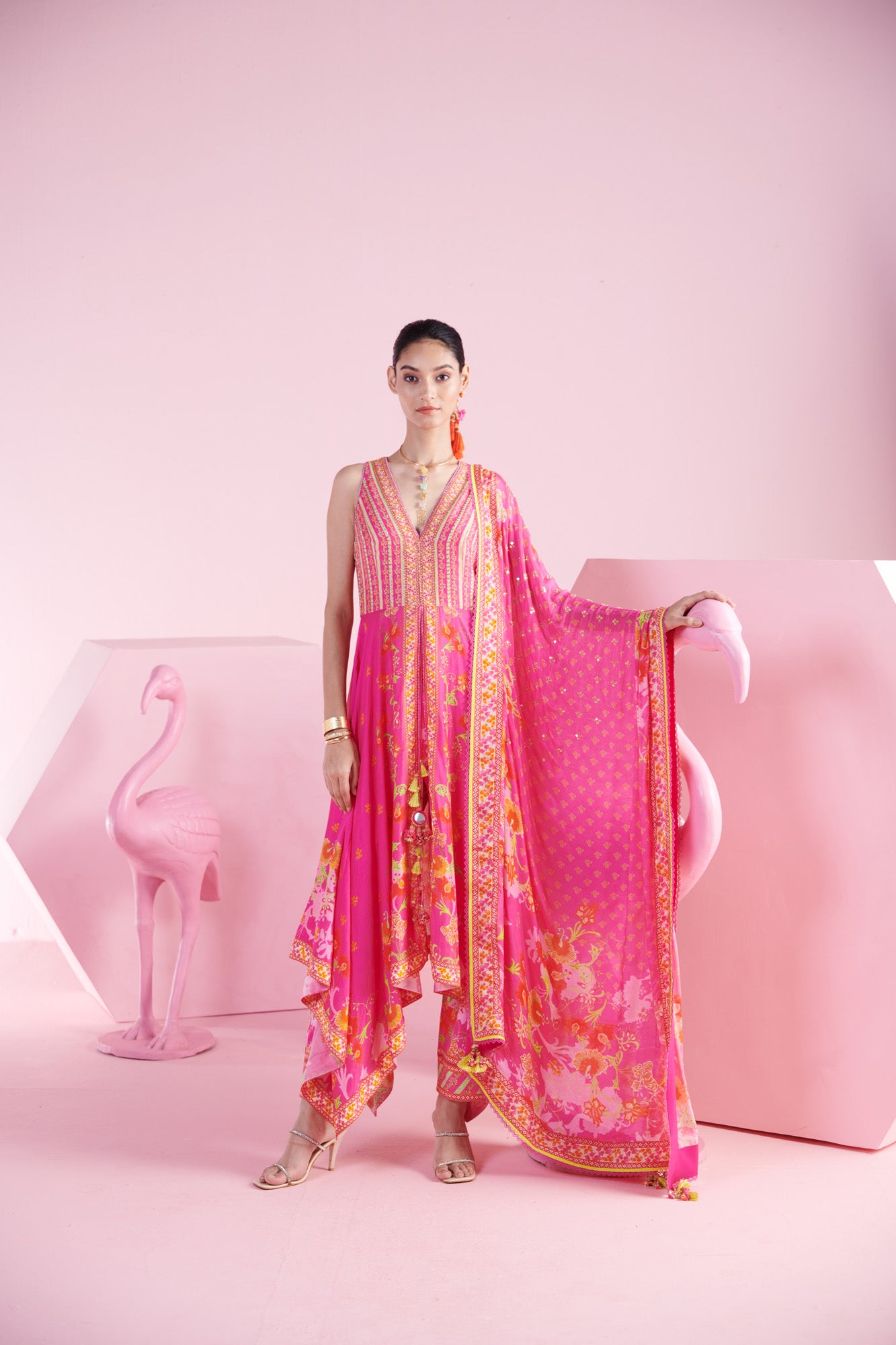 Pink Blossom Cluster Asymmetrical Kurta with Printed Pants and Dupatta