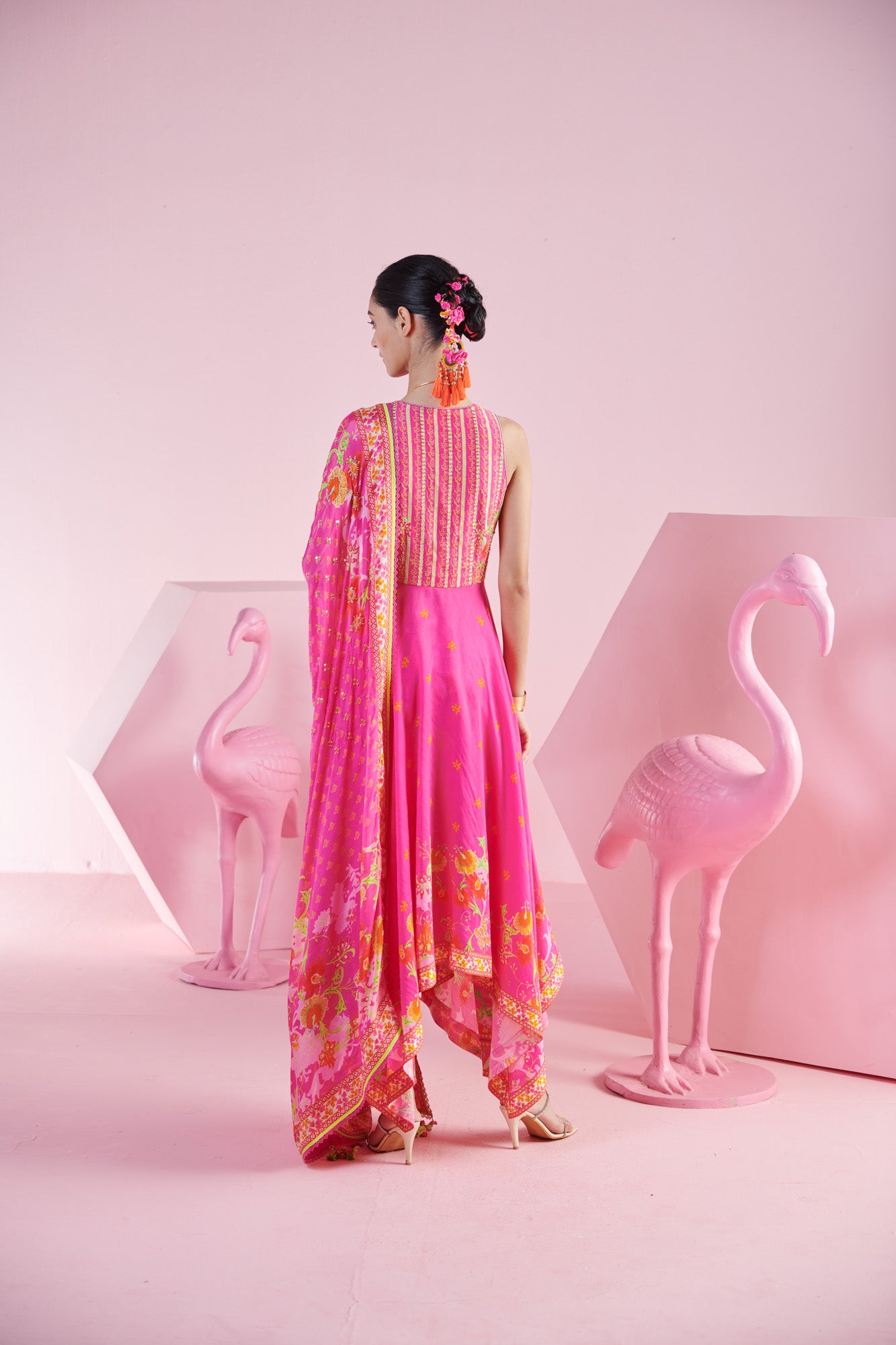 Pink Blossom Cluster Asymmetrical Kurta with Printed Pants and Dupatta