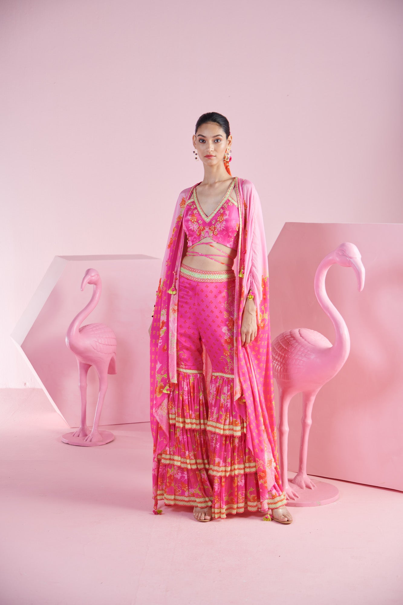 Pink Bliss Crop Top with Wrap Detail, Iznik Printed Pants, and Layered Ruffle Shrug