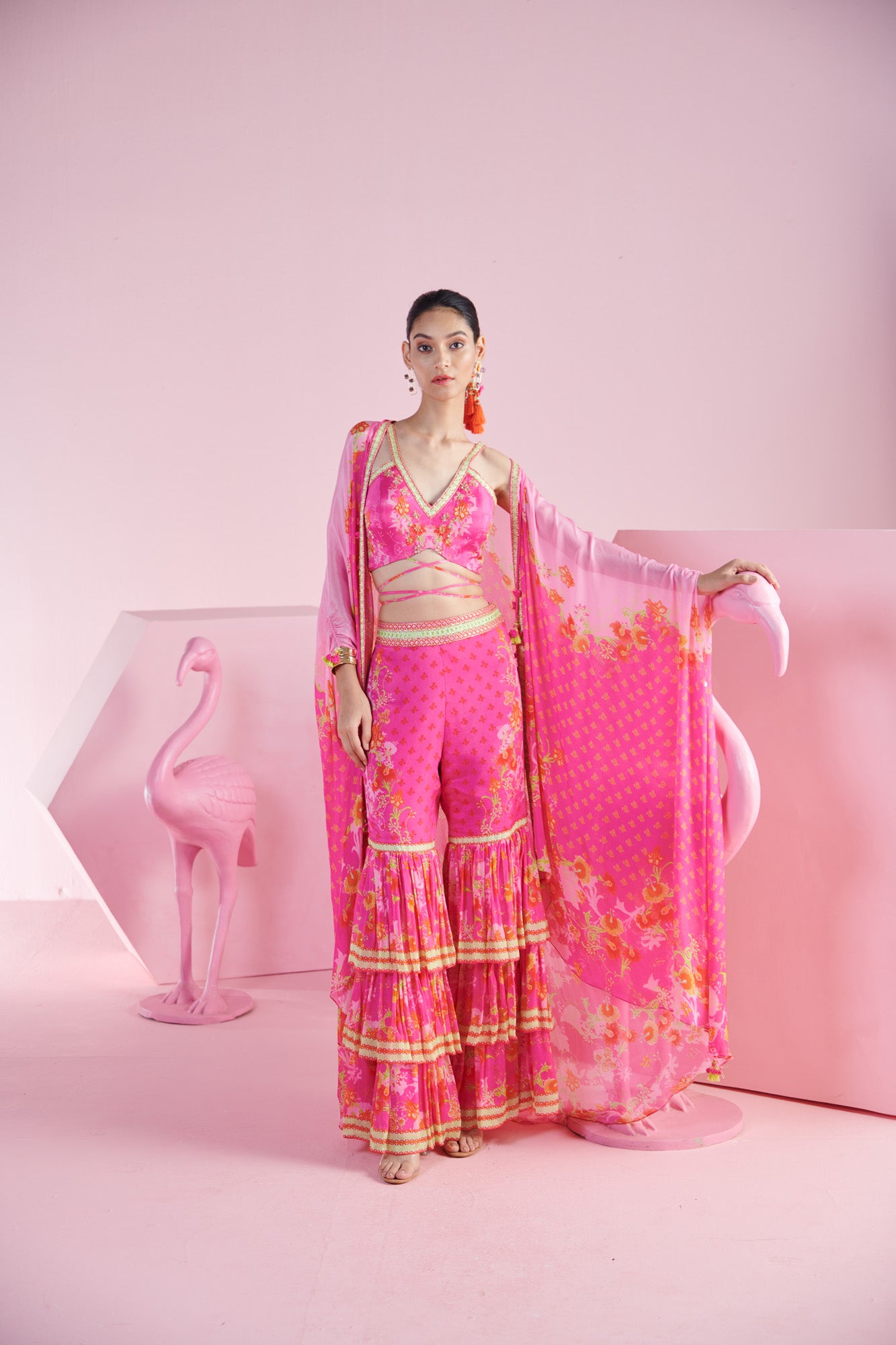 Pink Bliss Crop Top with Wrap Detail, Iznik Printed Pants, and Layered Ruffle Shrug