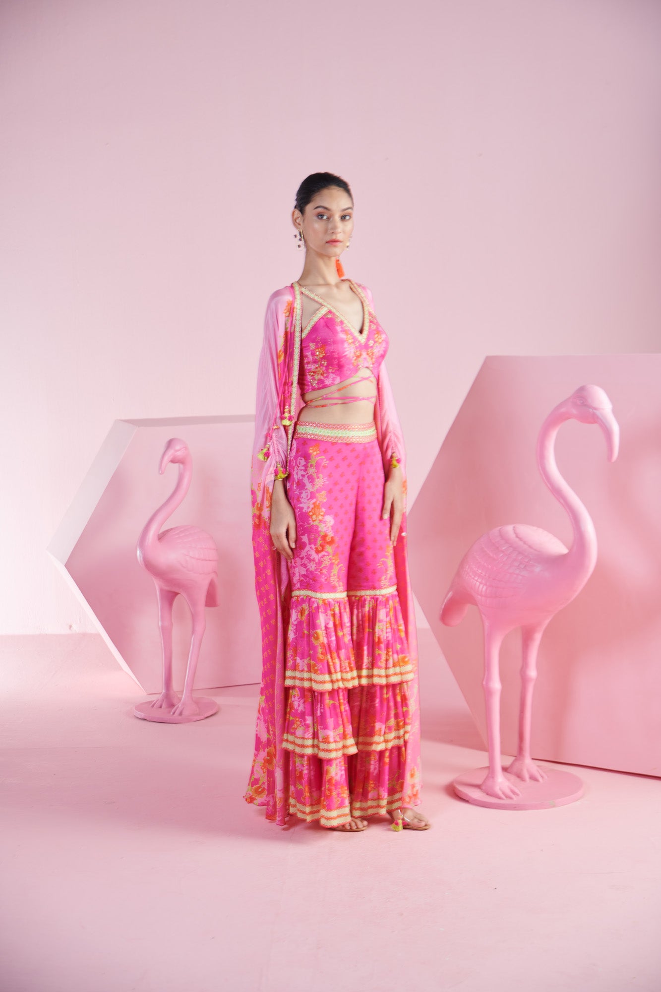 Pink Bliss Crop Top with Wrap Detail, Iznik Printed Pants, and Layered Ruffle Shrug