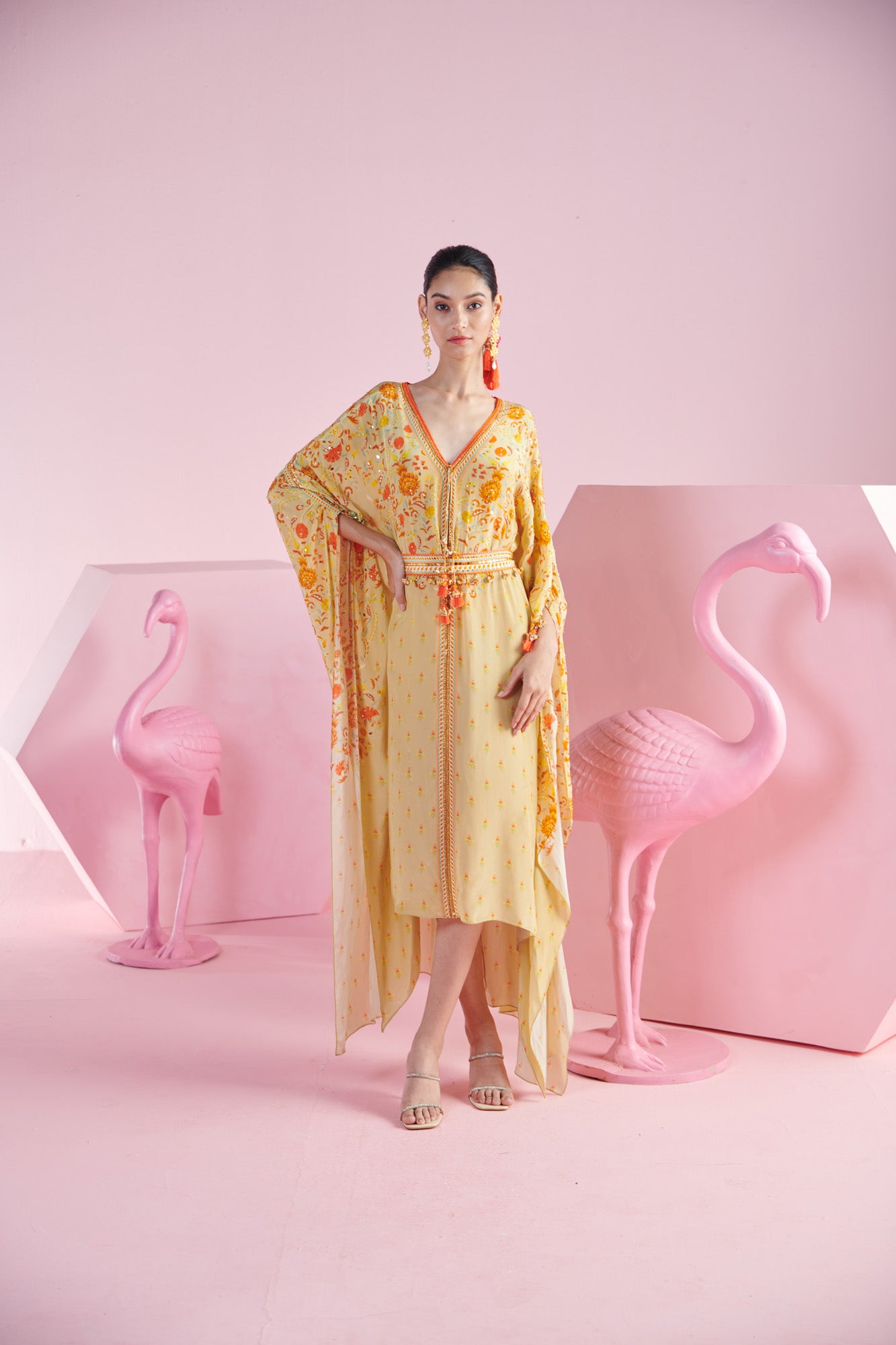 Yellow Ochre Kaftan Dress with Floral Blossom Cluster Print and Embroidered Belt with Tassels