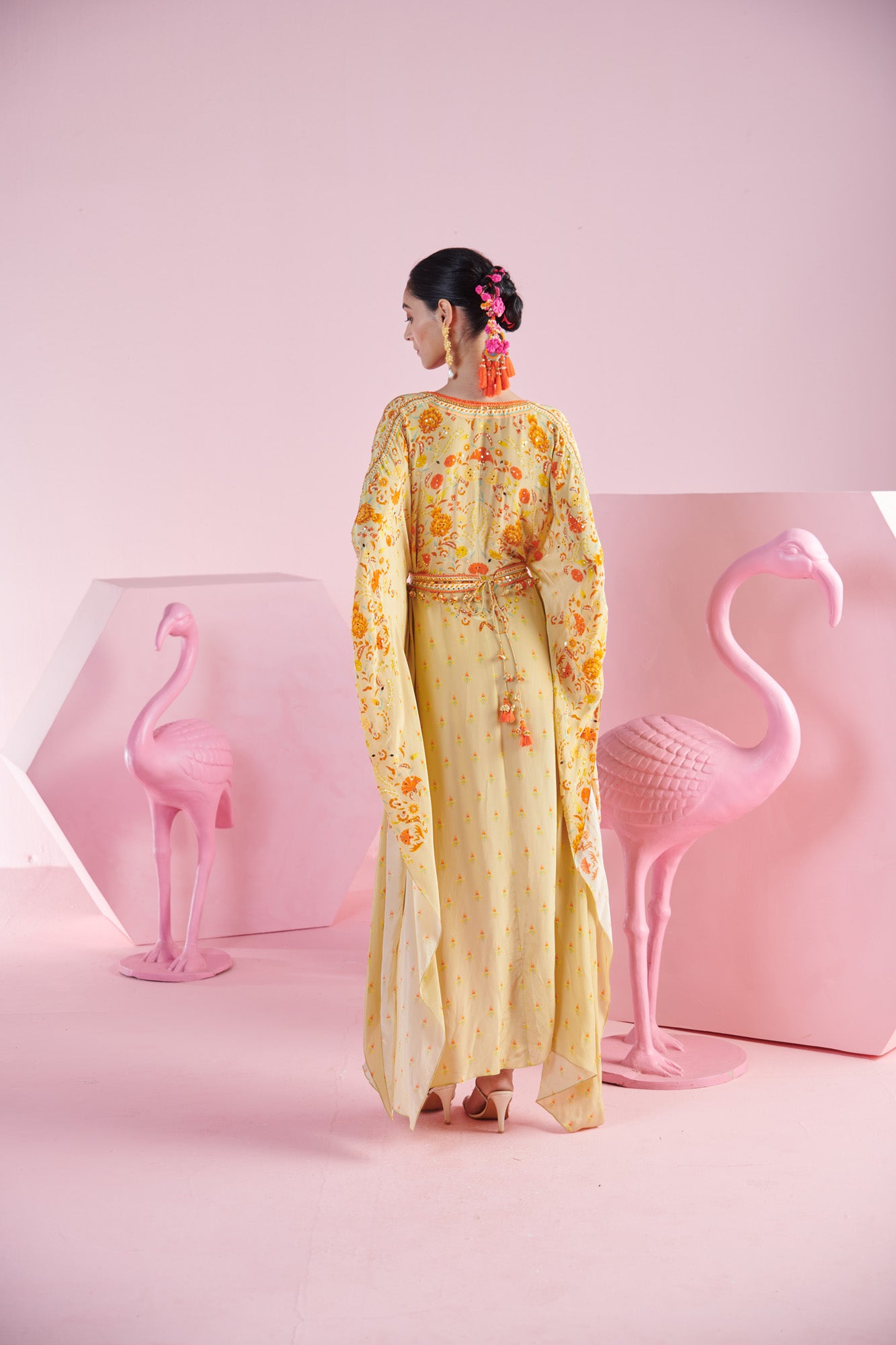 Yellow Ochre Kaftan Dress with Floral Blossom Cluster Print and Embroidered Belt with Tassels