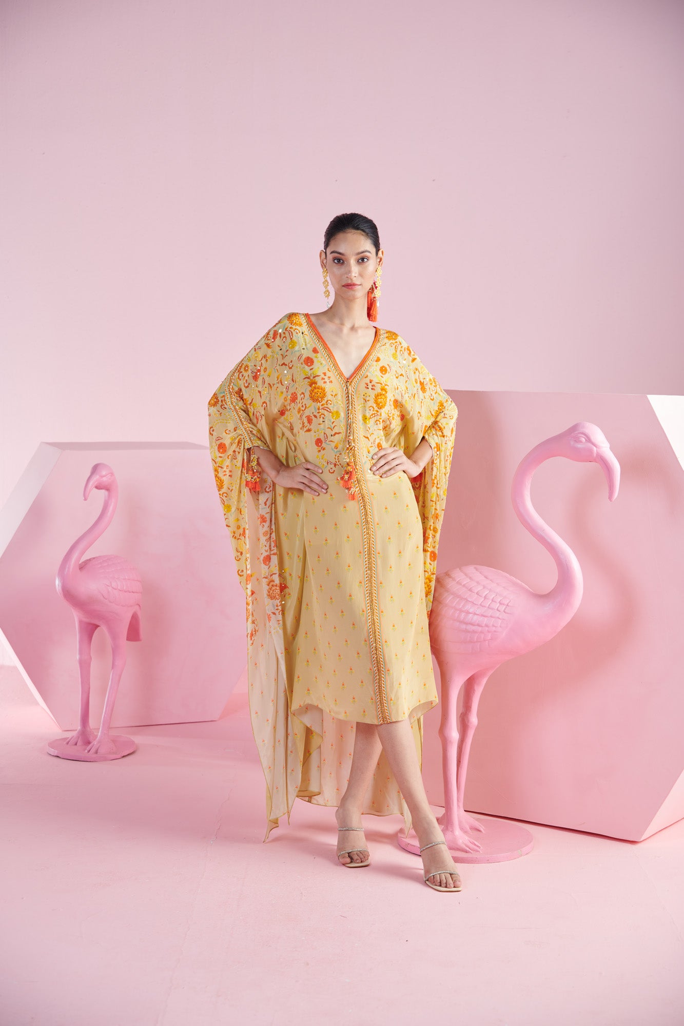 Yellow Ochre Kaftan Dress with Floral Blossom Cluster Print and Embroidered Belt with Tassels