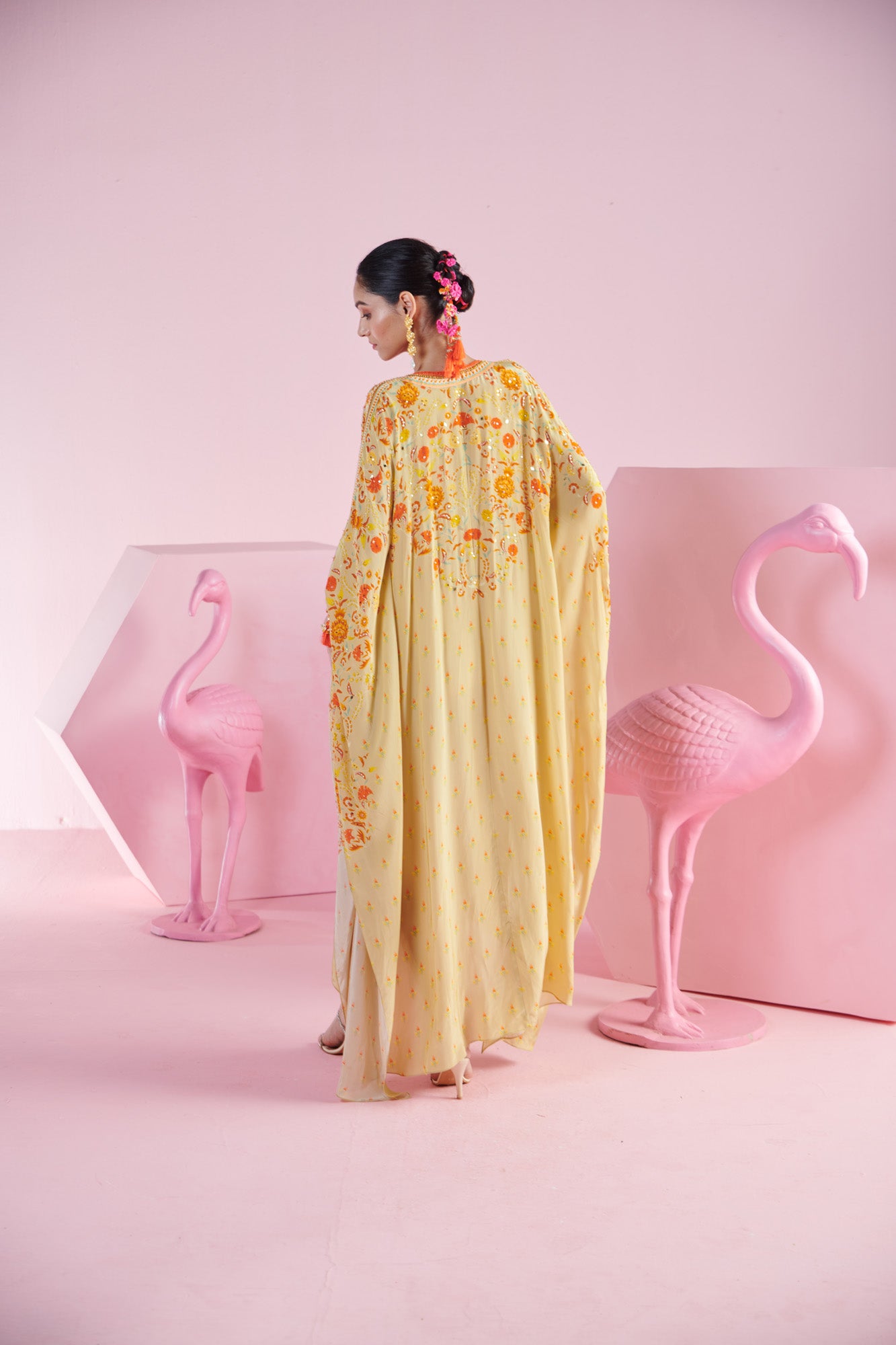 Yellow Ochre Kaftan Dress with Floral Blossom Cluster Print and Embroidered Belt with Tassels