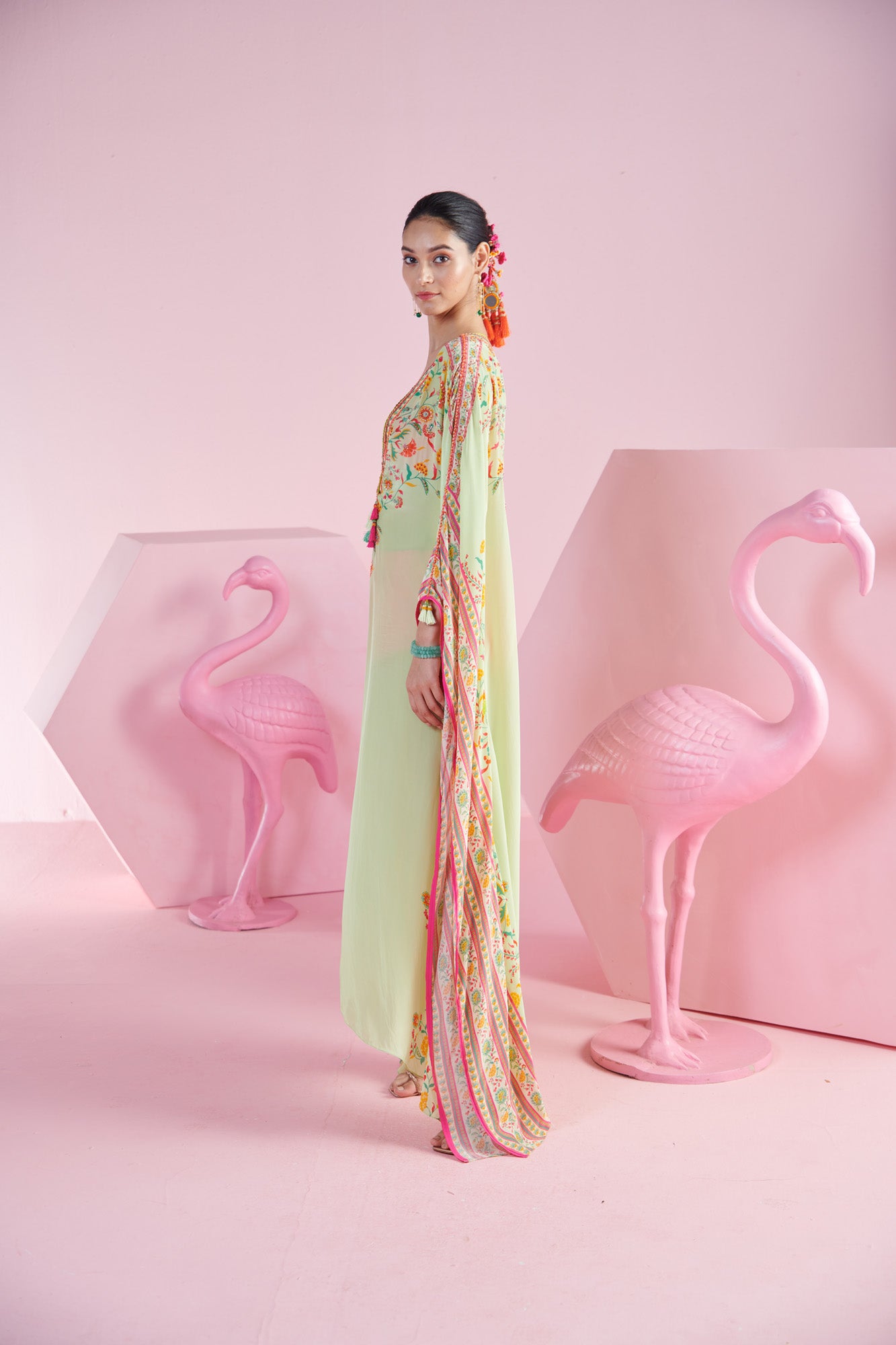 Pista Printed Kaftan Dress with Hot Pink Bralette and hipsters.