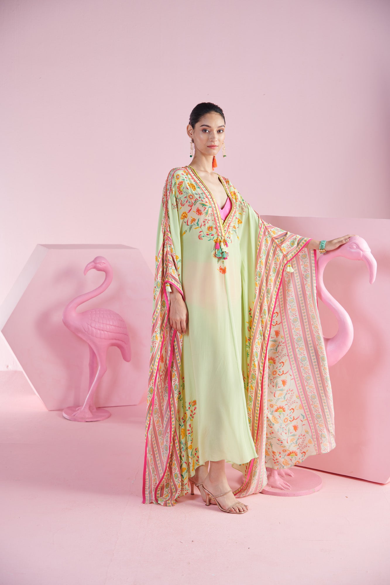 Pista Printed Kaftan Dress with Hot Pink Bralette and hipsters.