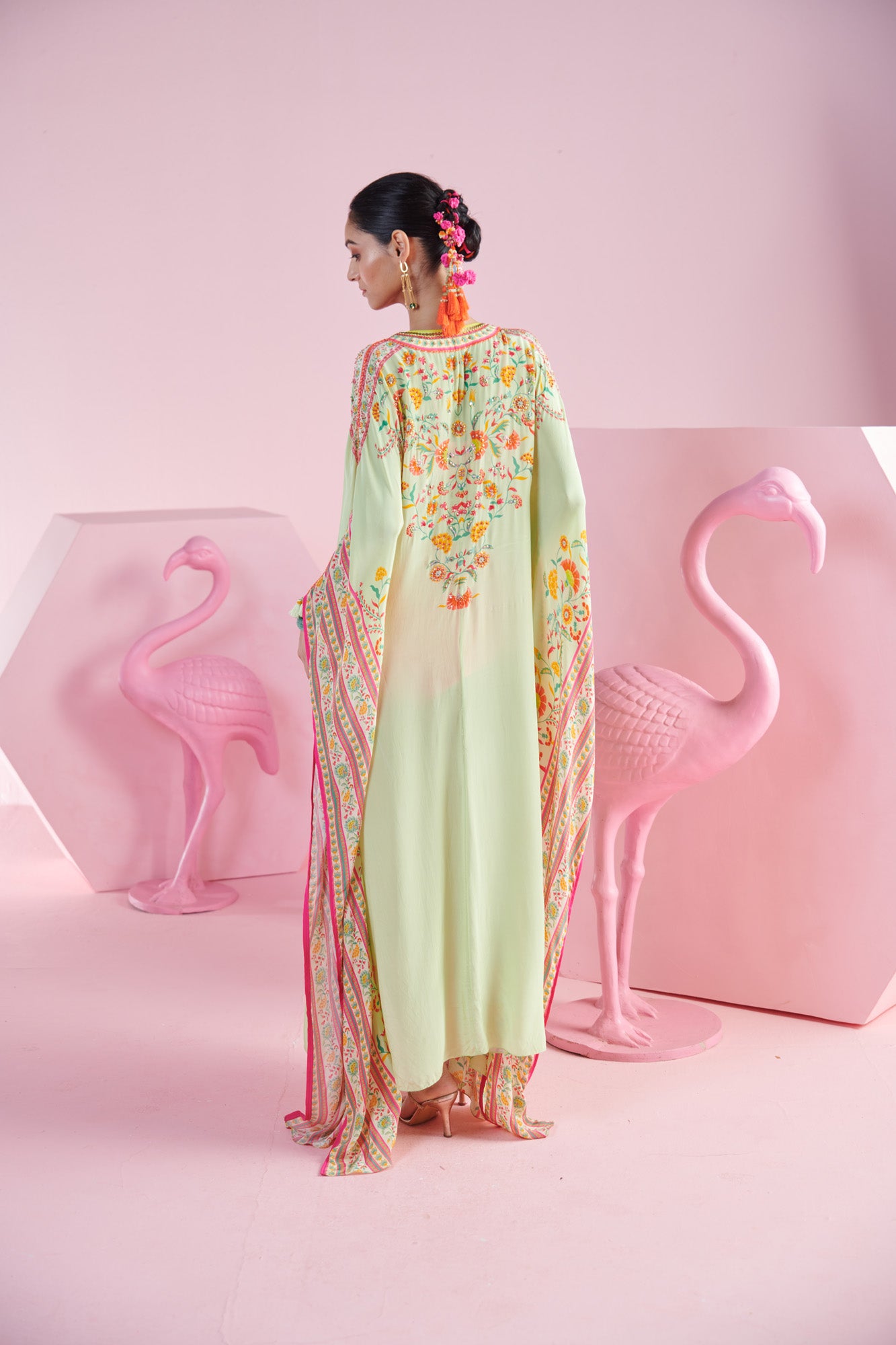 Pista Printed Kaftan Dress with Hot Pink Bralette and hipsters.