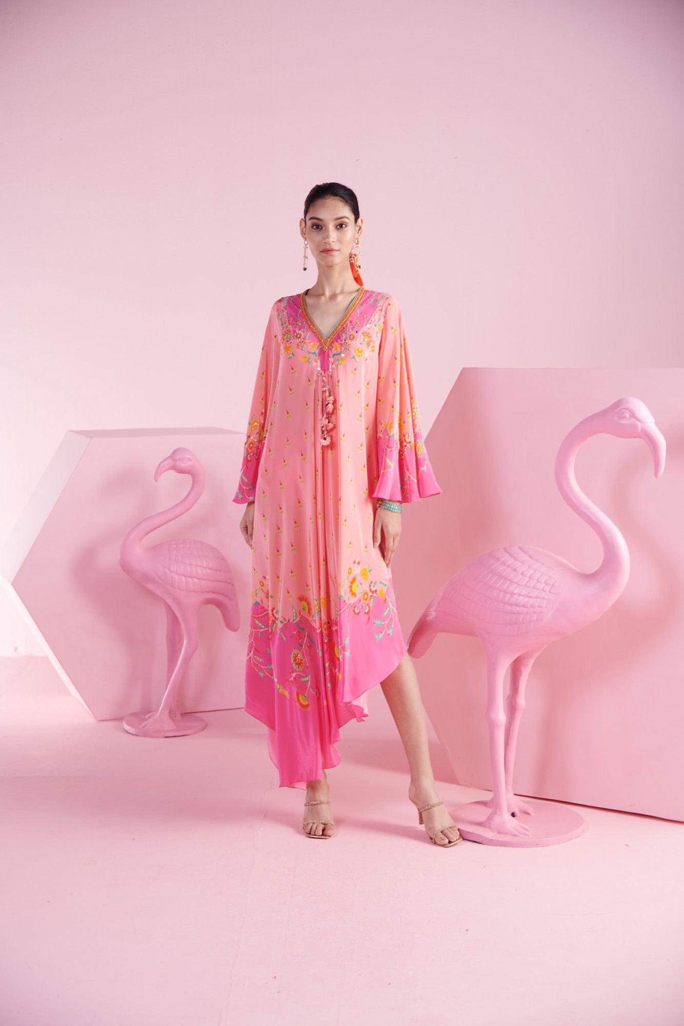 Pink Floral Asymmetrical Kaftan Dress