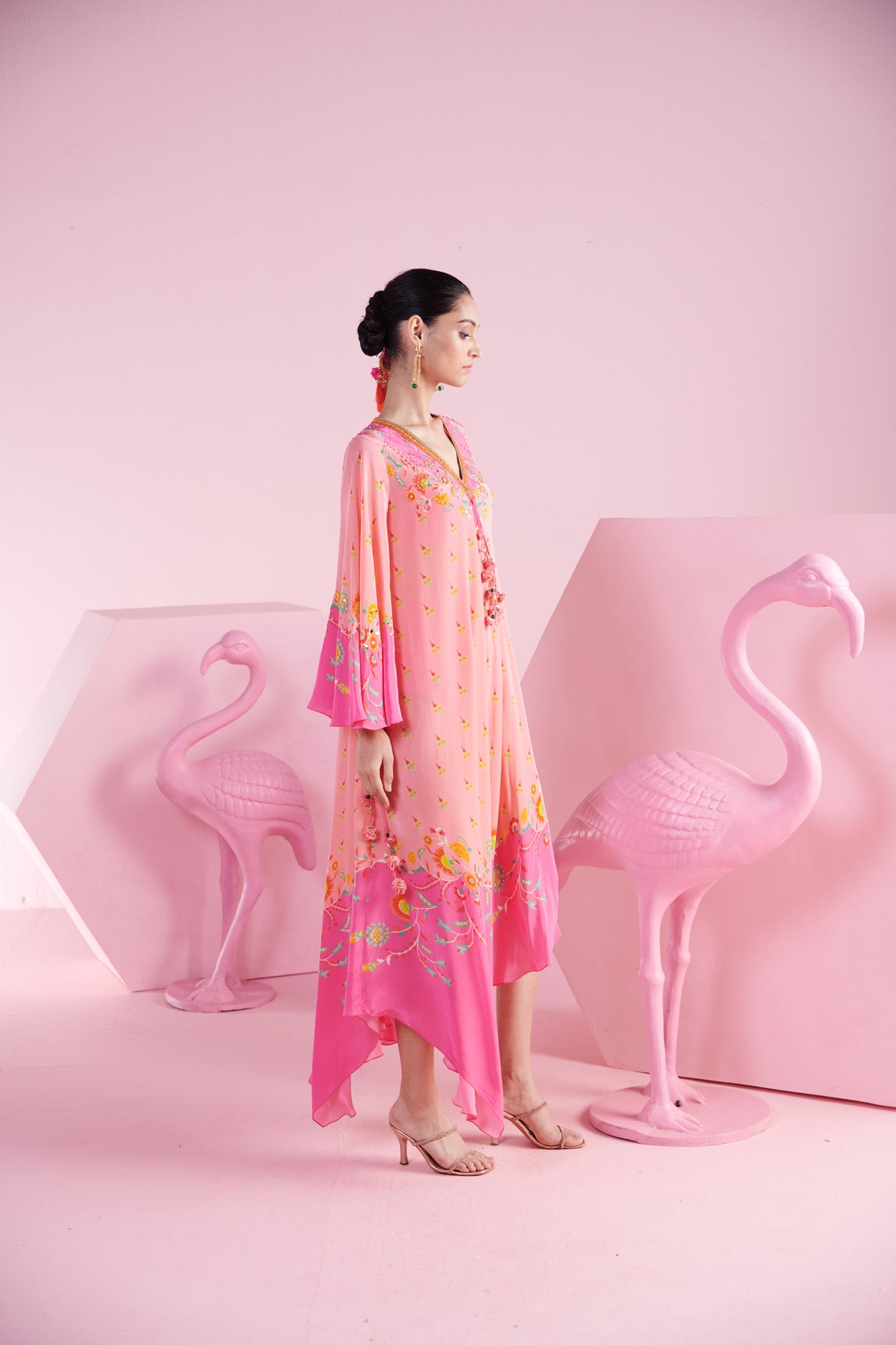 Pink Floral Asymmetrical Kaftan Dress