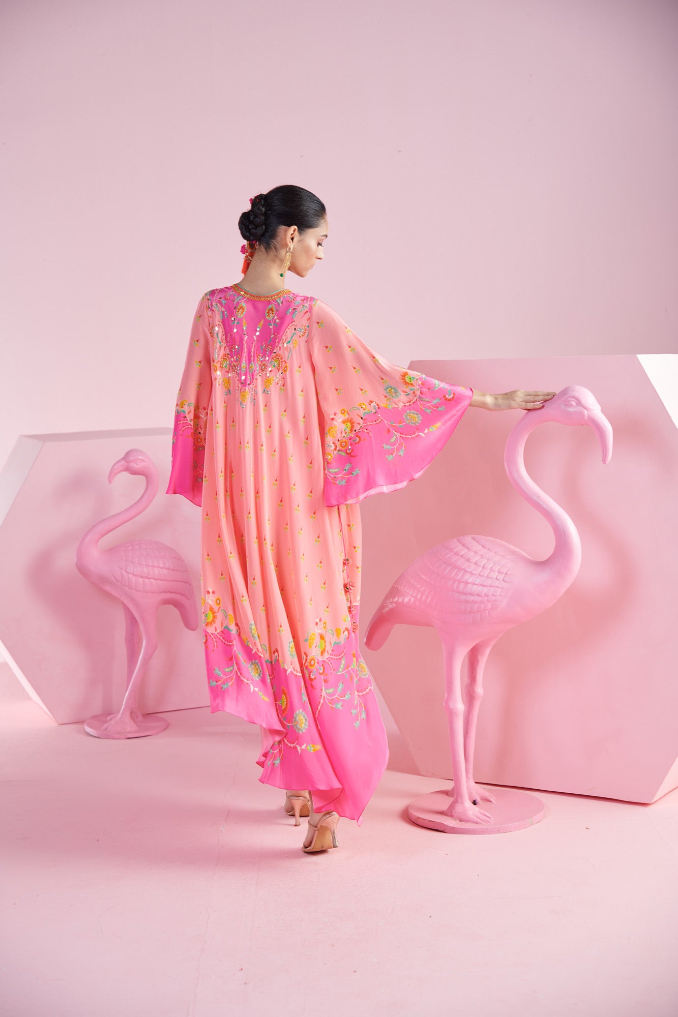 Pink Floral Asymmetrical Kaftan Dress