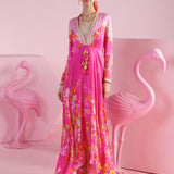 Pink Blossom Asymmetrical Kaftan with V-Neck