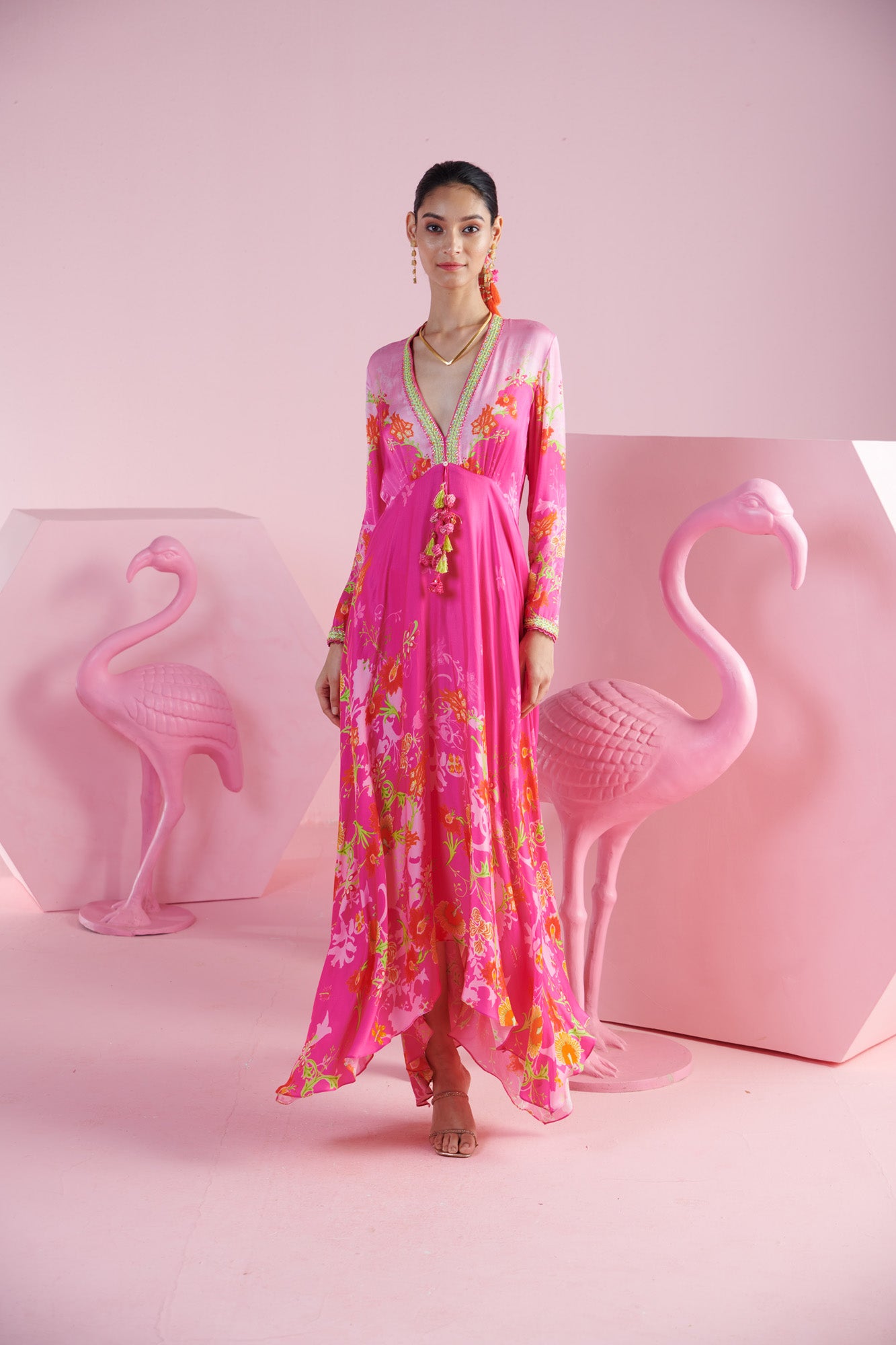 Pink Blossom Asymmetrical Kaftan with V-Neck