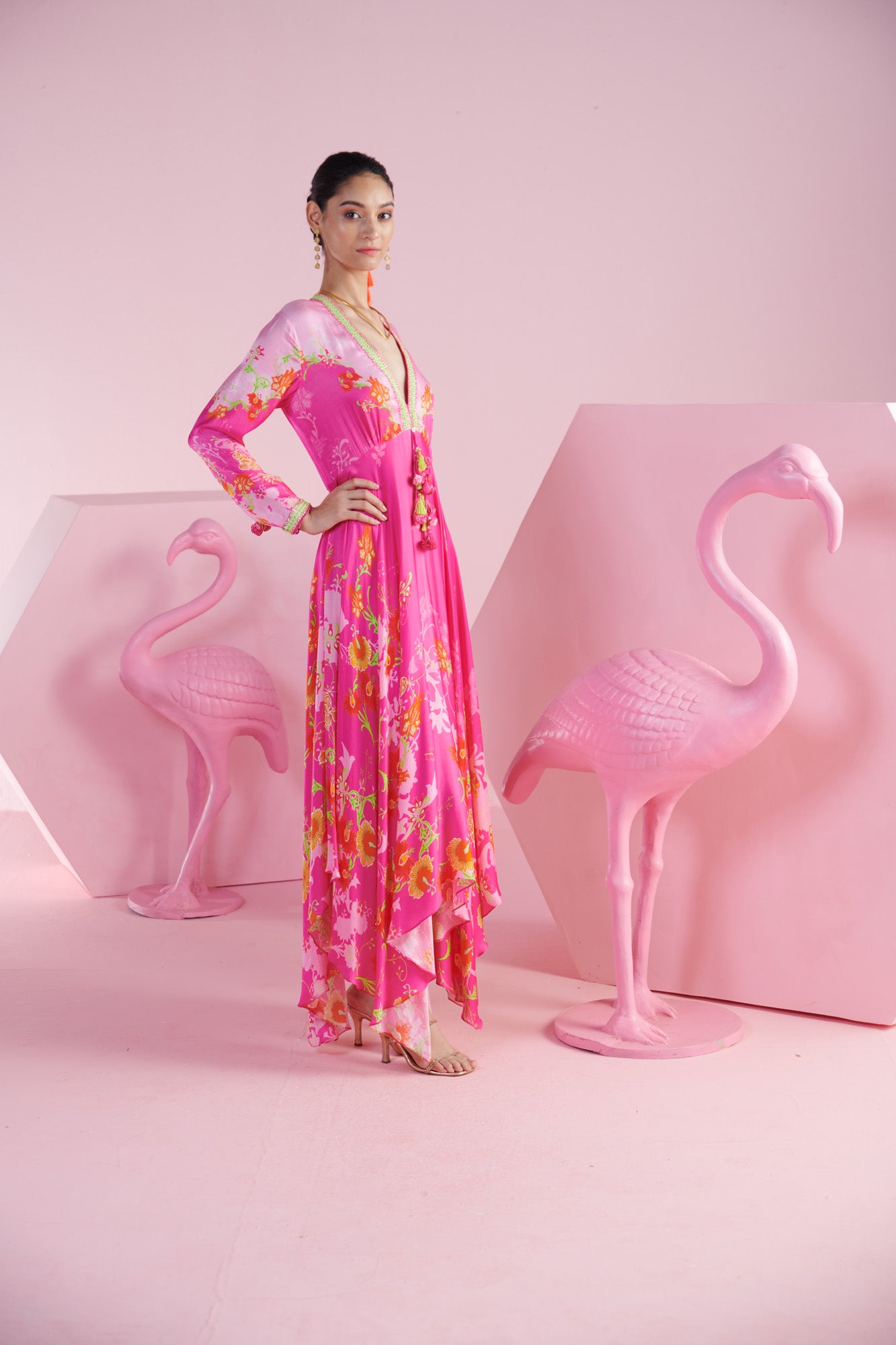 Pink Blossom Asymmetrical Kaftan with V-Neck