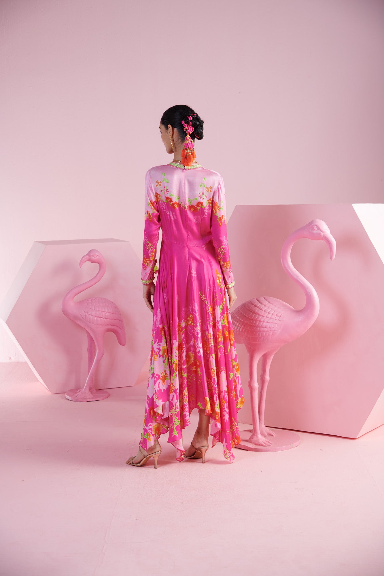 Pink Blossom Asymmetrical Kaftan with V-Neck