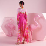 Pink Blossom Asymmetrical Kaftan with V-Neck
