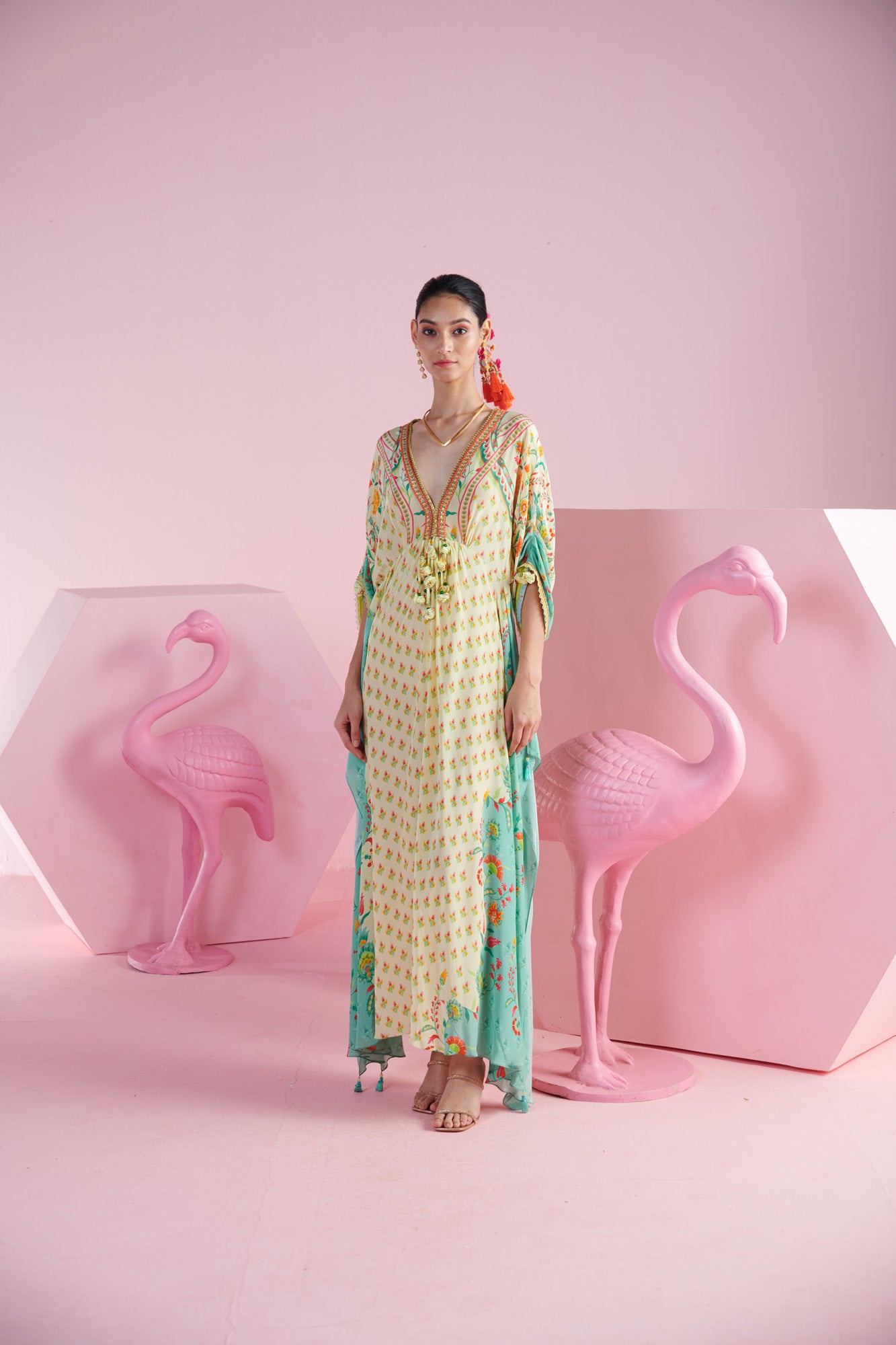 Lemon Glow Iznik Print Kaftan with Jade Accents