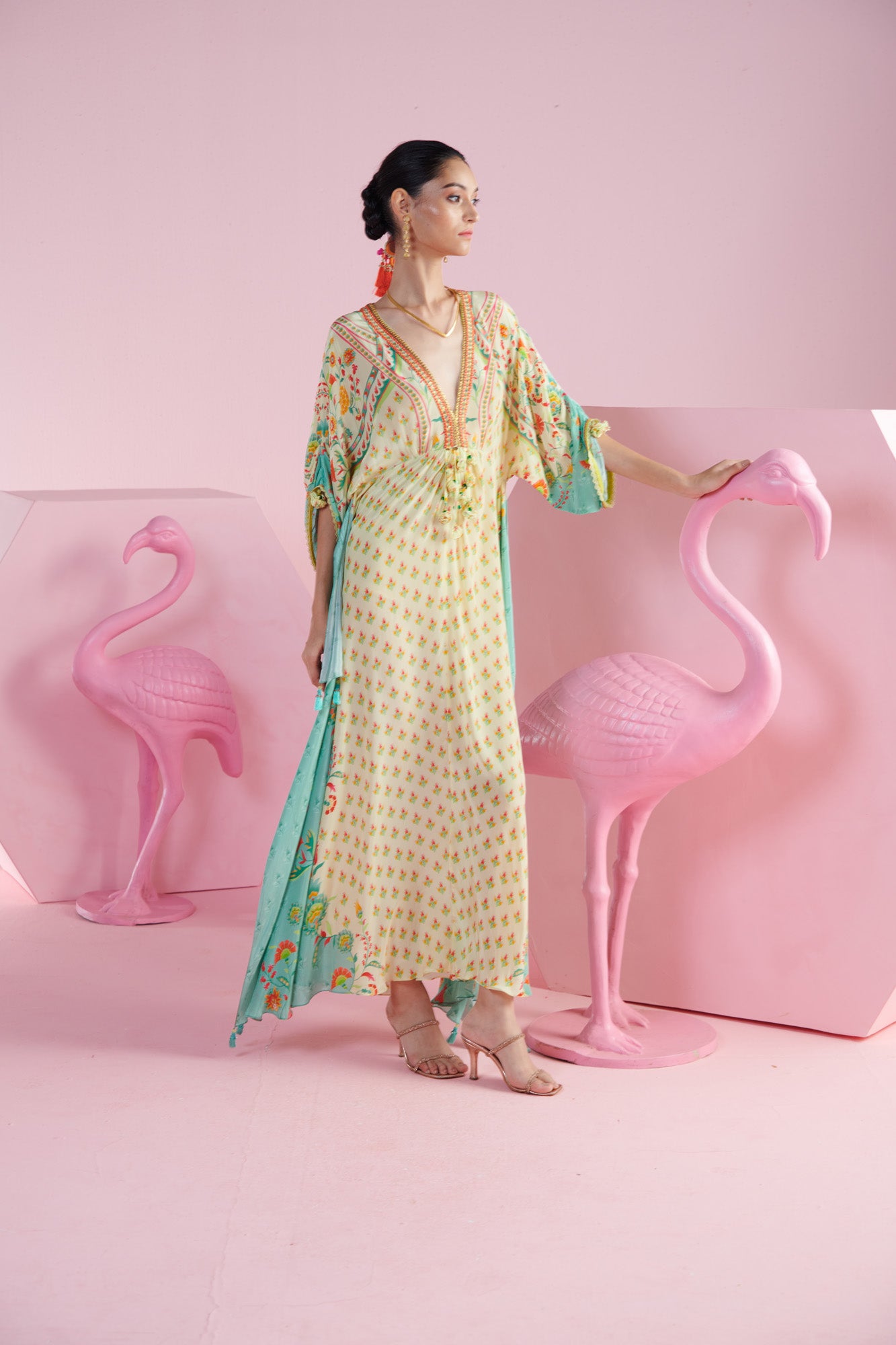 Lemon Glow Iznik Print Kaftan with Jade Accents