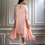 Peach Pink Foil Printed Hand Embroidered Kurta Set