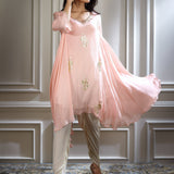 Peach Pink Foil Printed Hand Embroidered Kurta Set