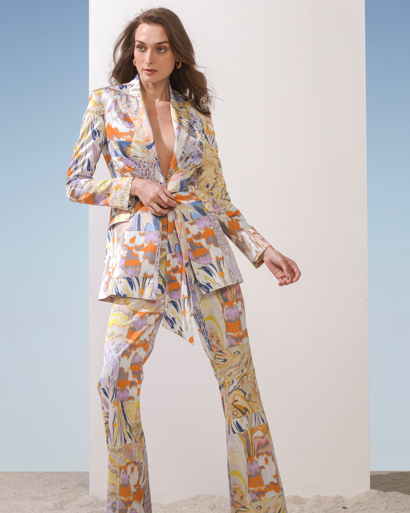 Satin yellow printed jacket set