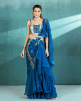 Blue Chiffon Draped Saree Set