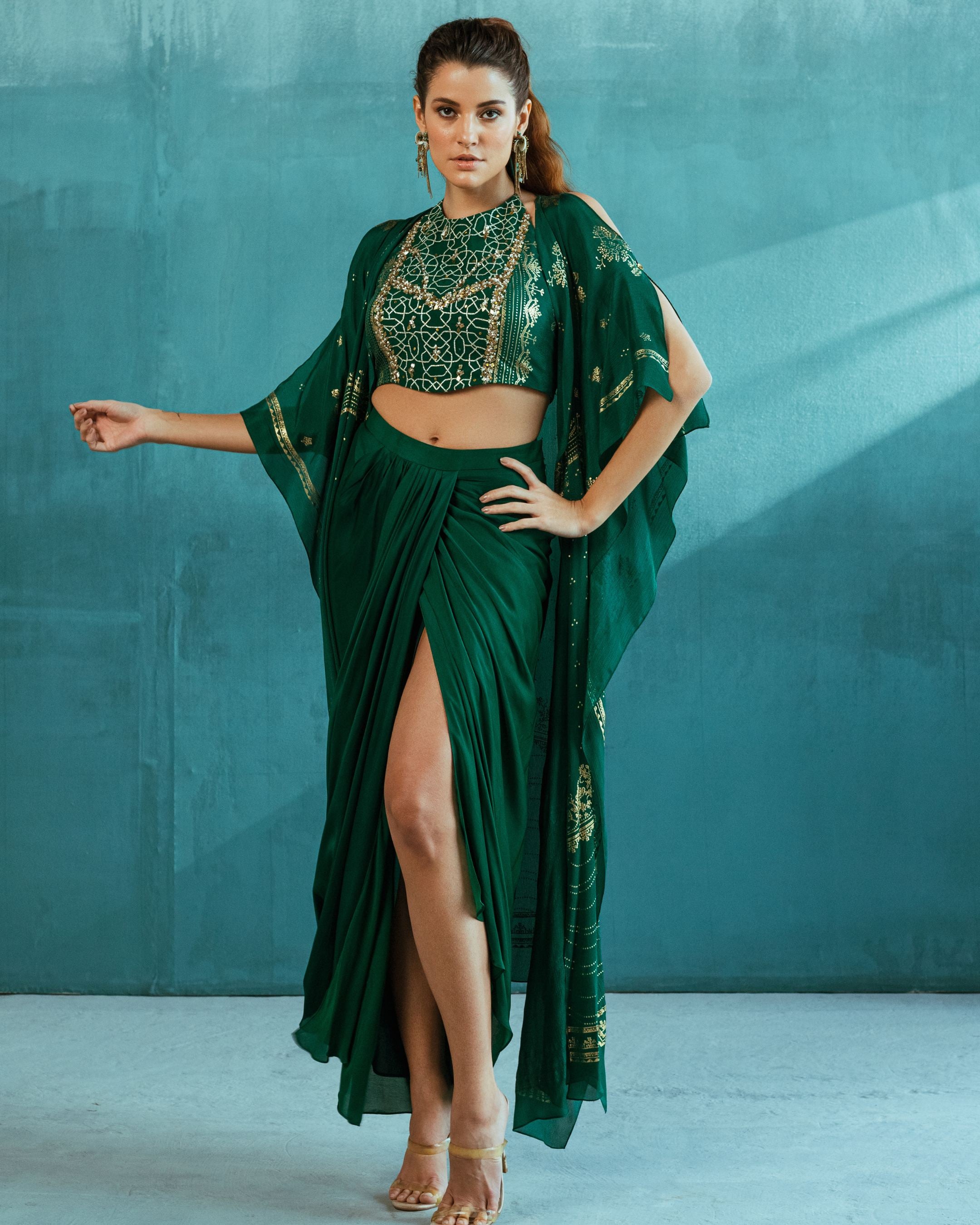 Emerald Green Cape With Blouse And Skirt